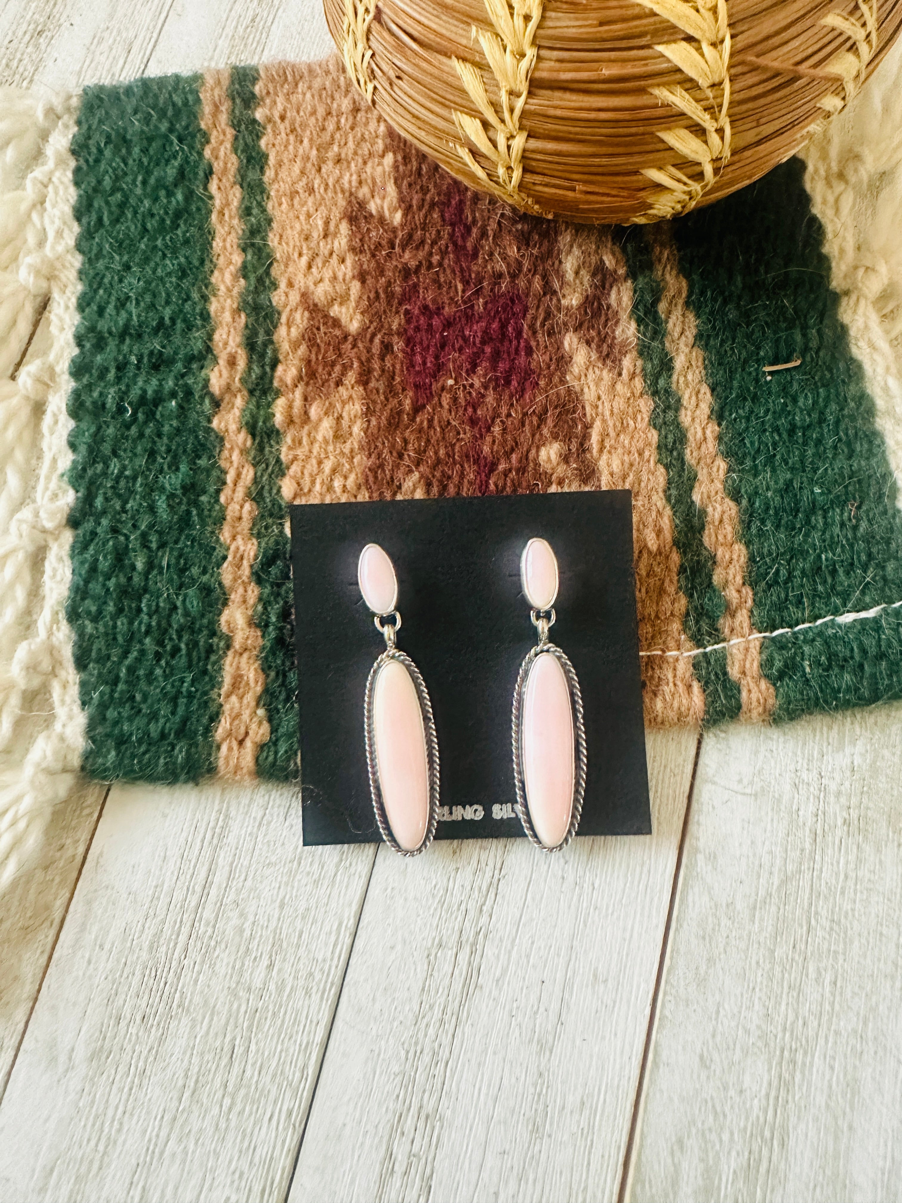 Navajo Sterling Silver & Queen Pink Conch Dangle Earrings