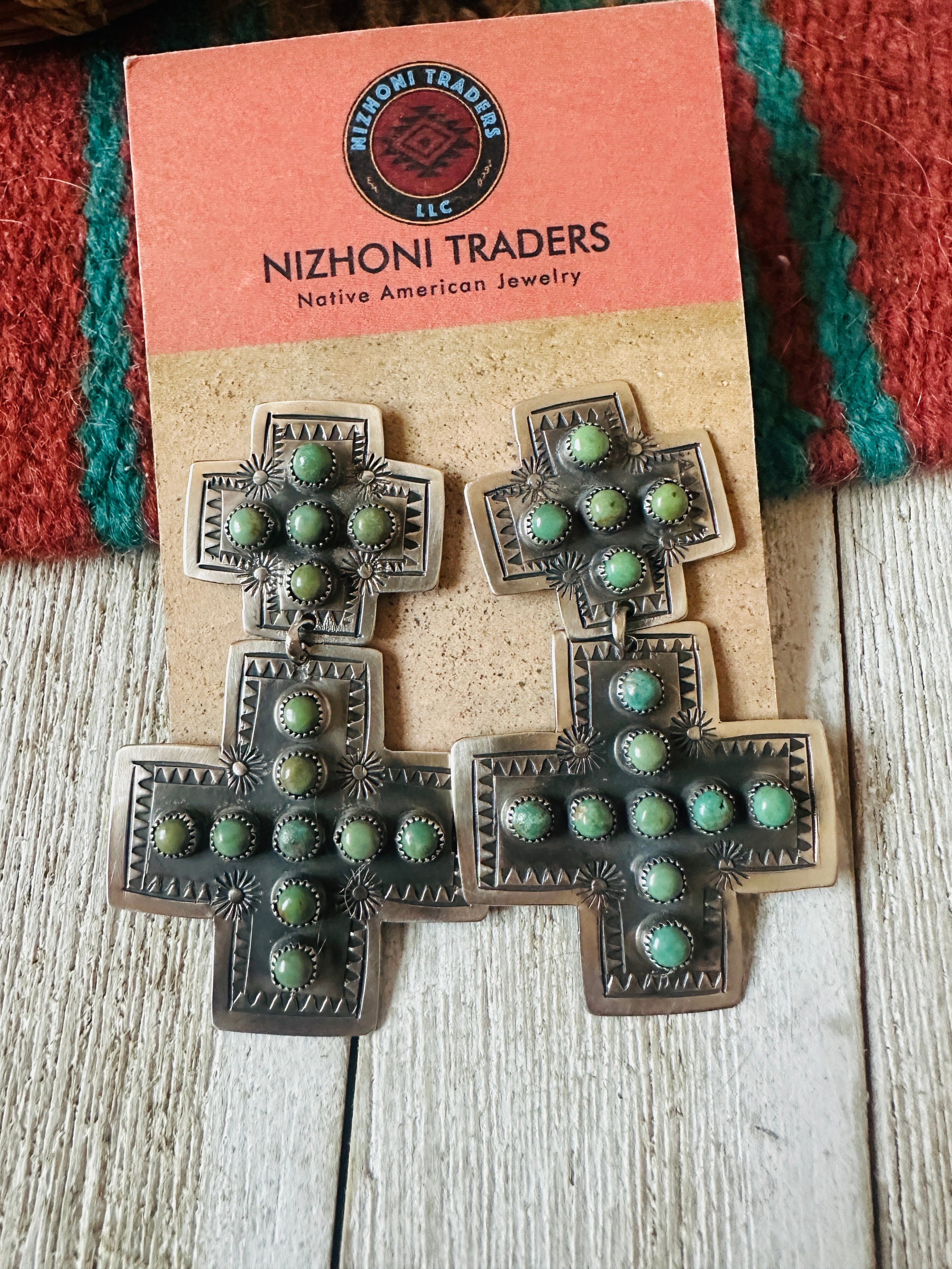 Handcrafted Turquoise & Sterling Silver Cross Dangle Earrings