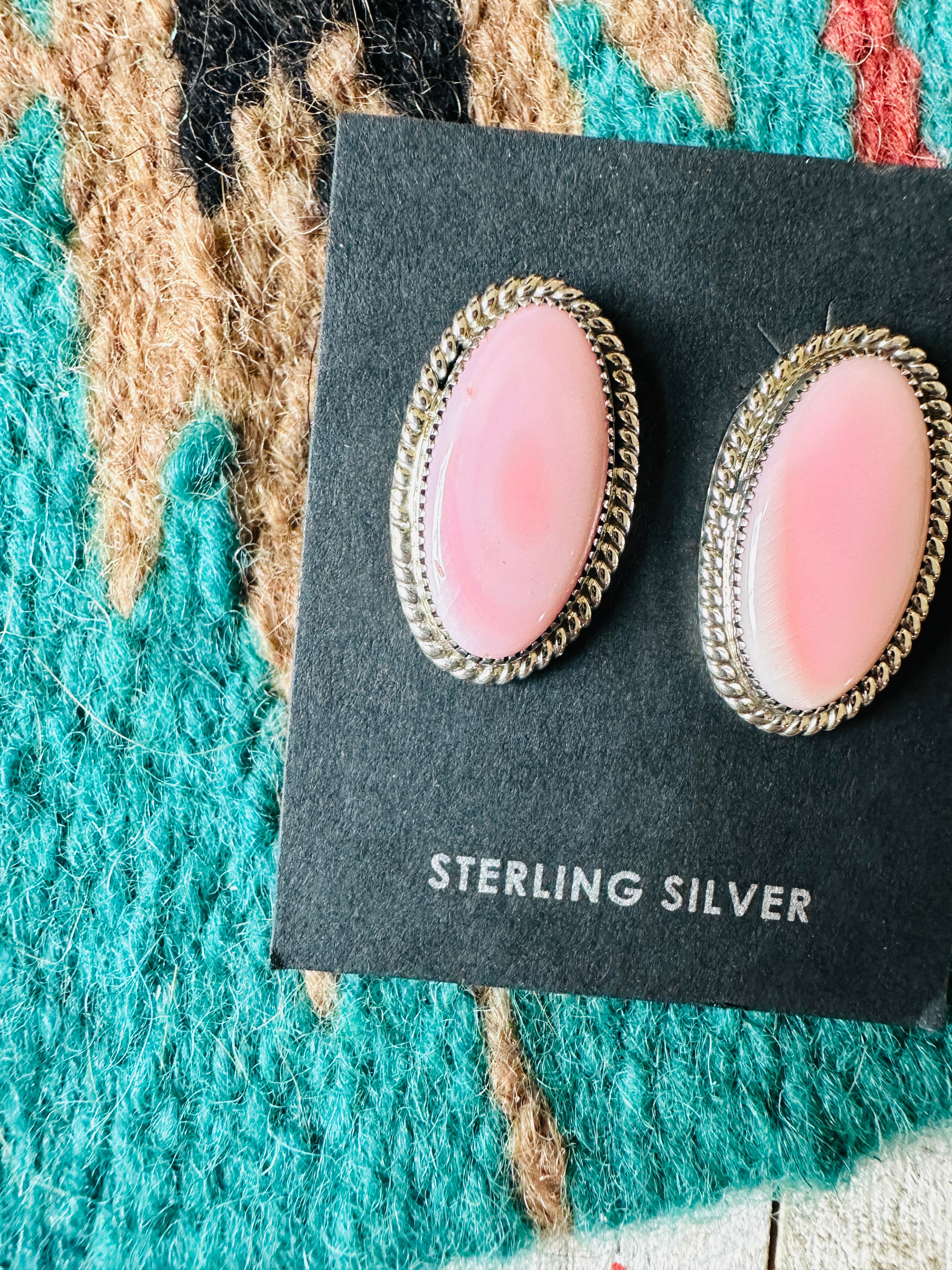 Navajo Sterling Silver & Queen Pink Conch Oval Post Earrings