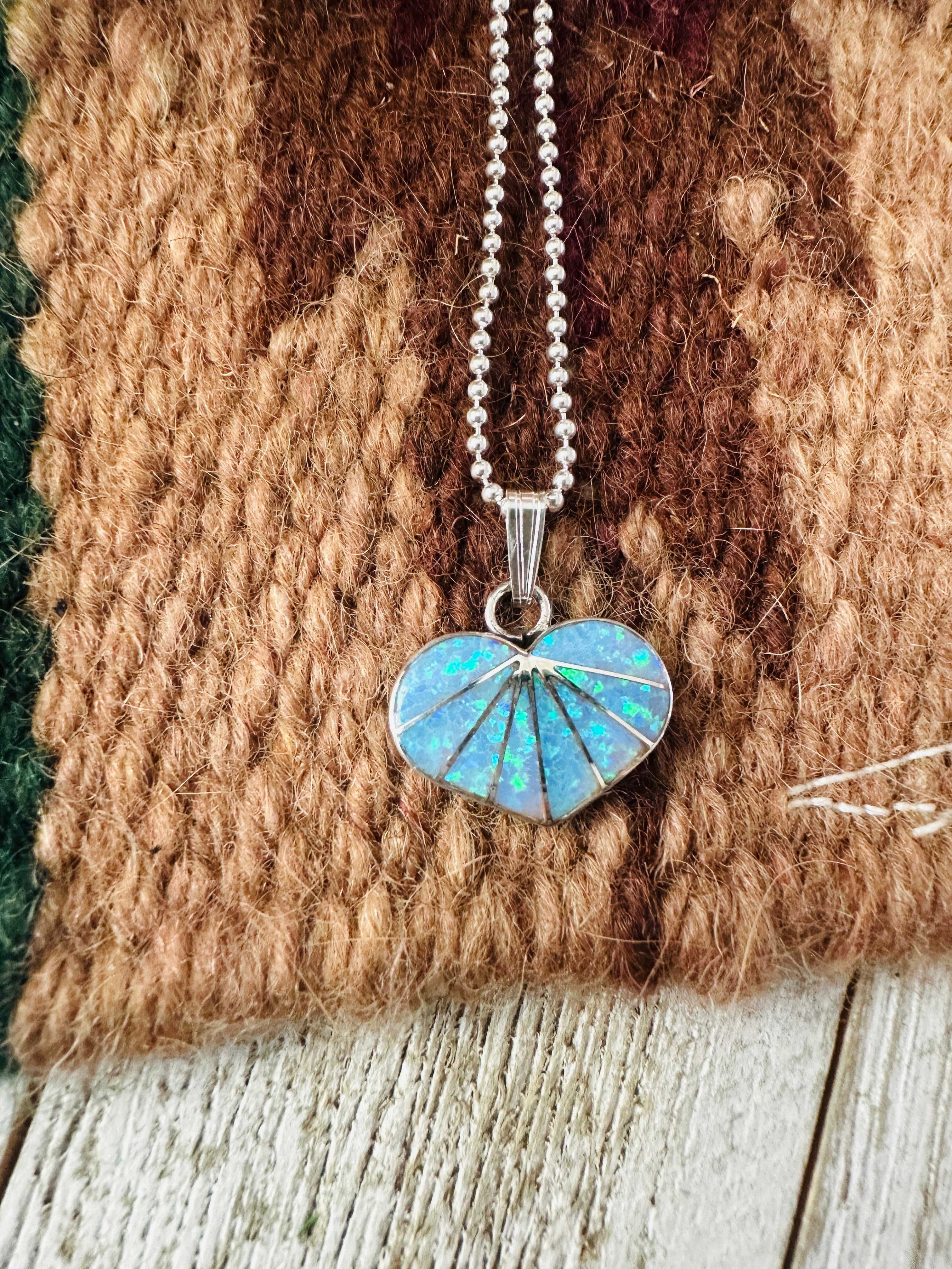Handcrafted Blue Opal & Sterling Silver Inlay Heart Pendant