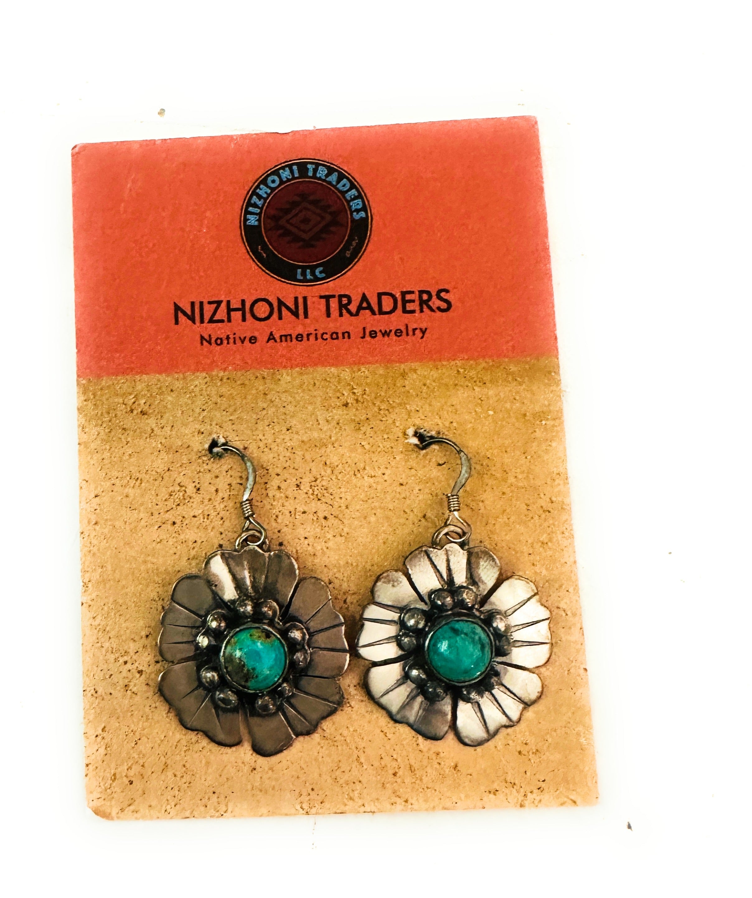 Navajo Turquoise and Sterling Silver Flower Dangle Earrings