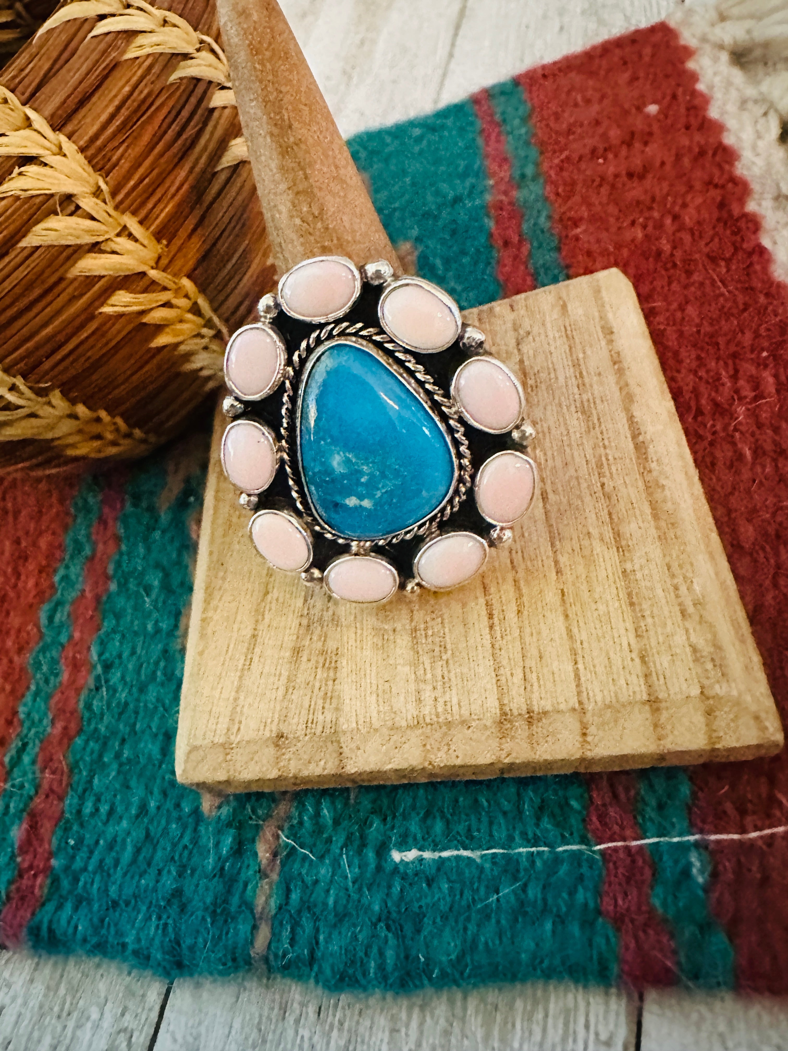 Navajo Sterling Silver, Queen Pink Conch & Turquoise Cluster Adjustable Ring