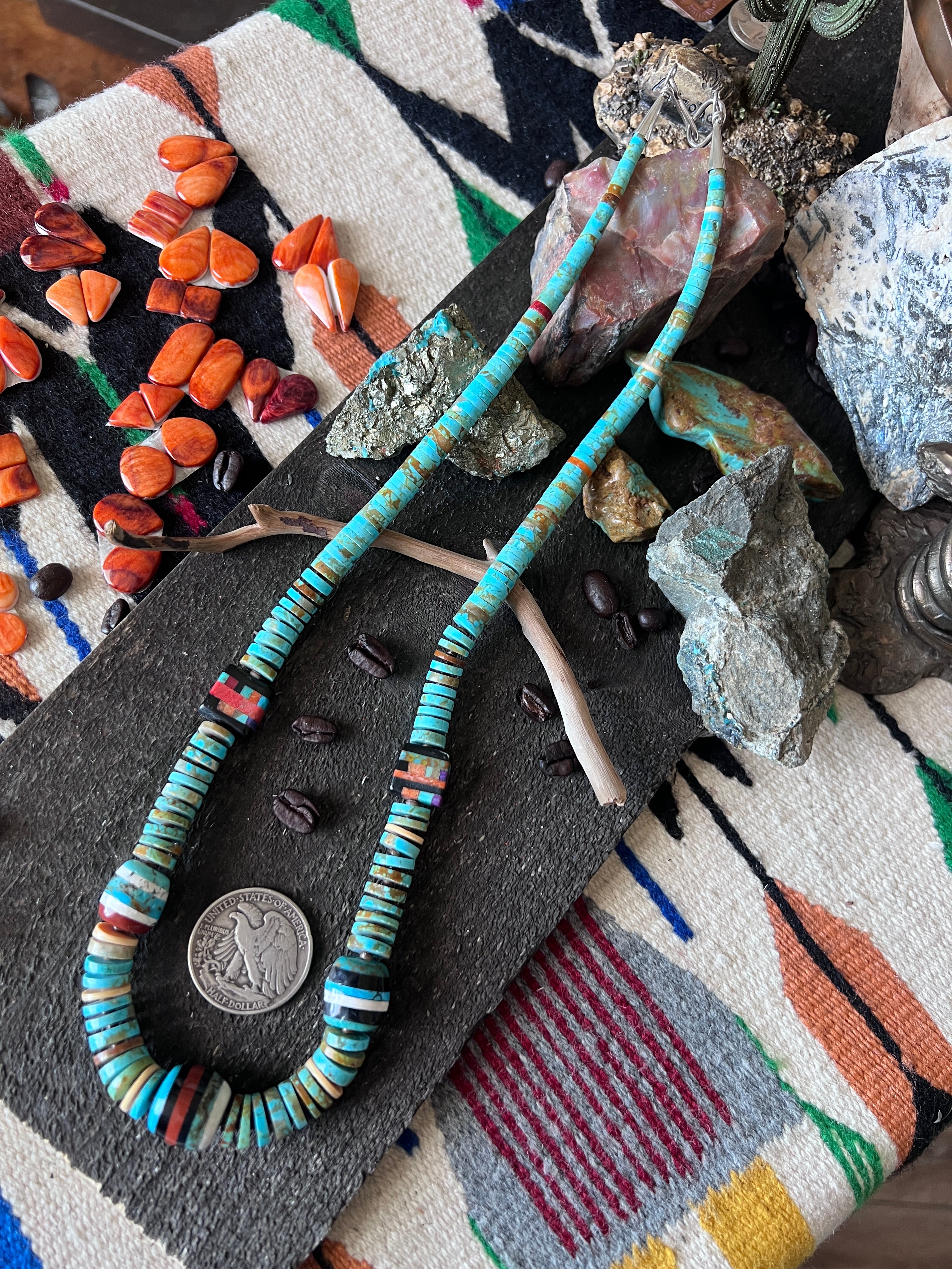 Ronald Chavez Handcrafted Turquoise Heishi Beaded Santo Domingo Necklace with Layered Bead Accents