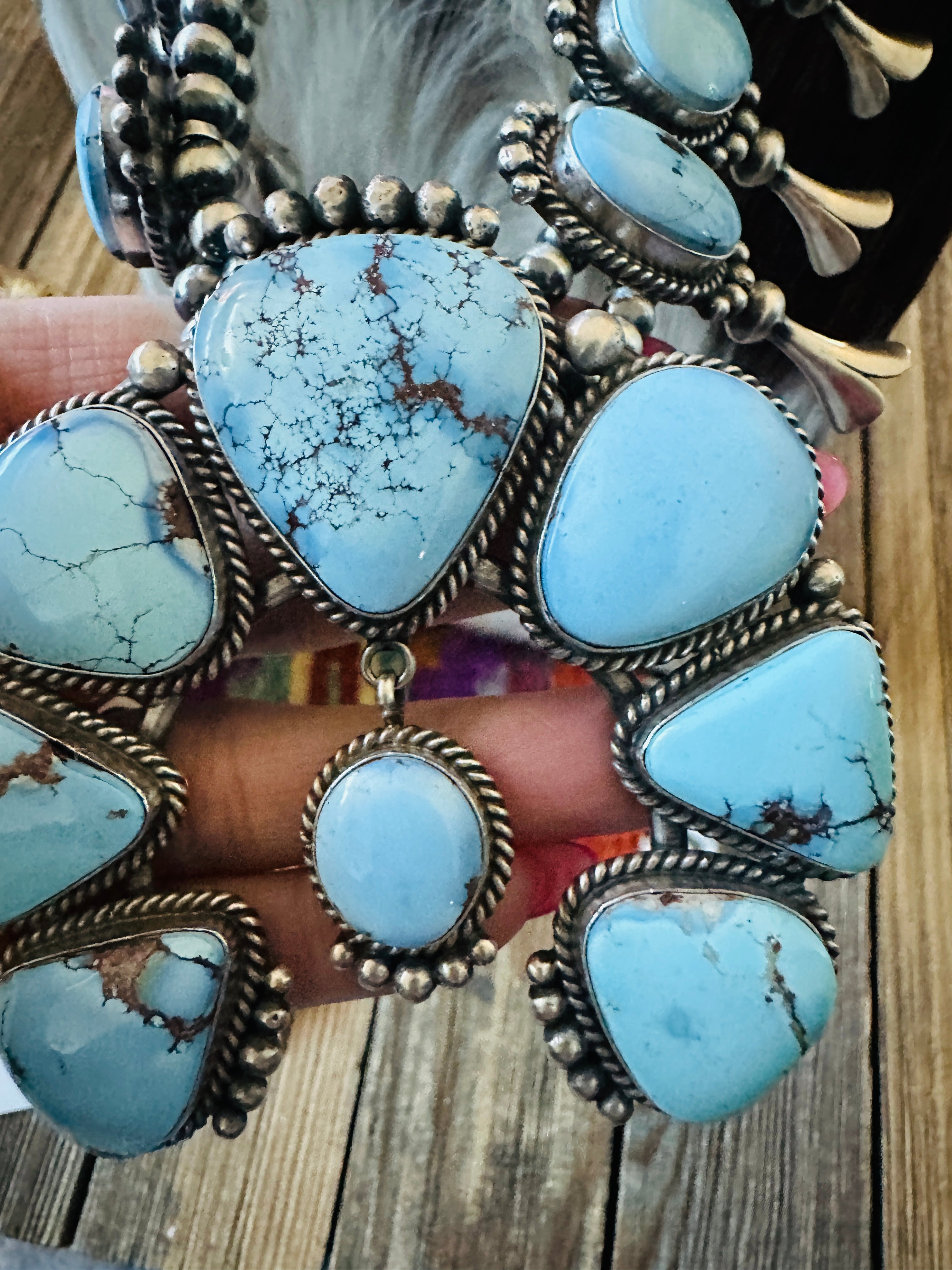 Handcrafted Golden Hills Turquoise & Sterling Silver Beaded Squash Blossom Necklace and Earring Set by Mary Ann Spencer