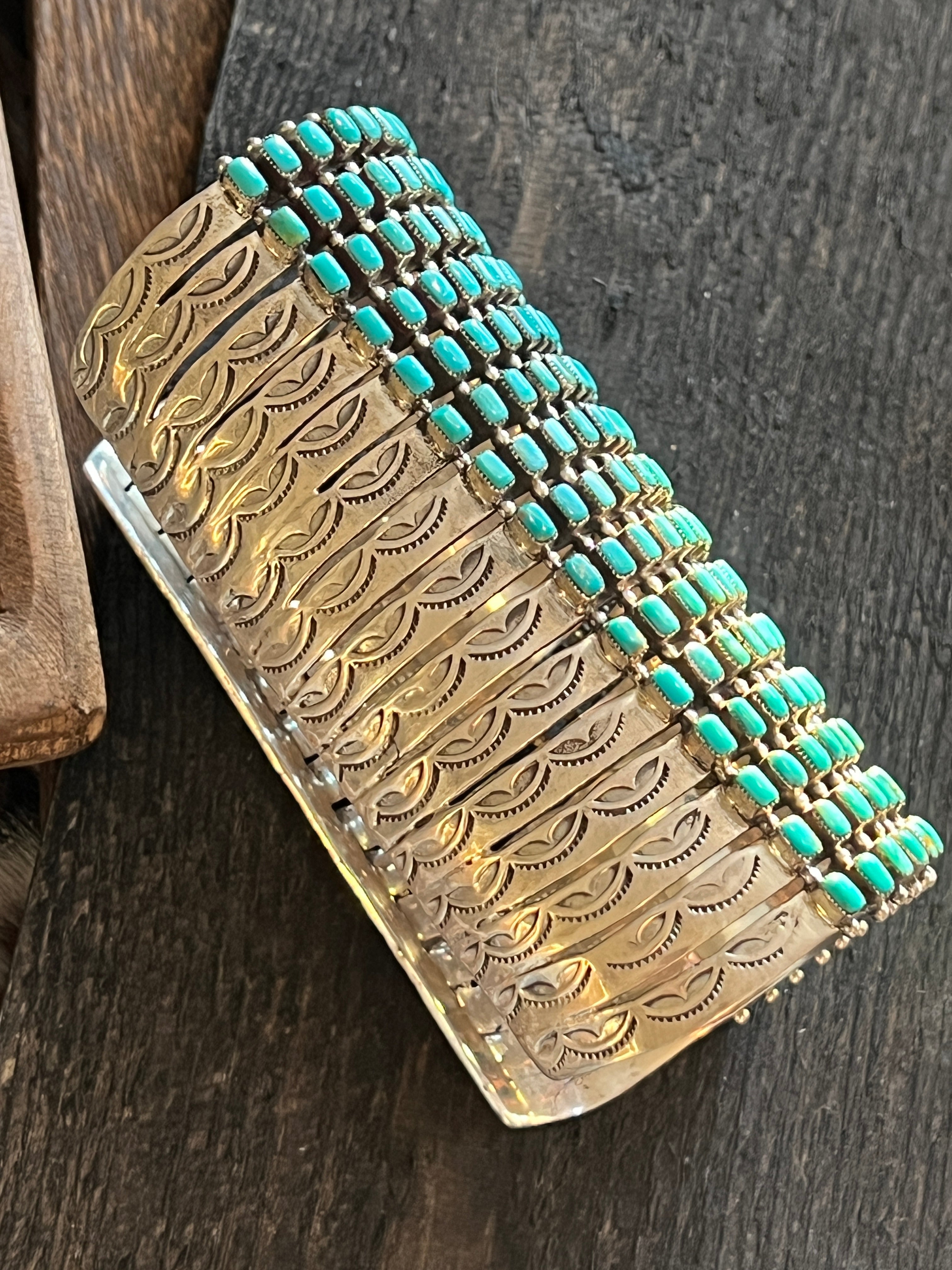 Handcrafted Epic Made 15 Row Sterling Silver and Turquoise Gauntlet Style Cuff Bracelet /
