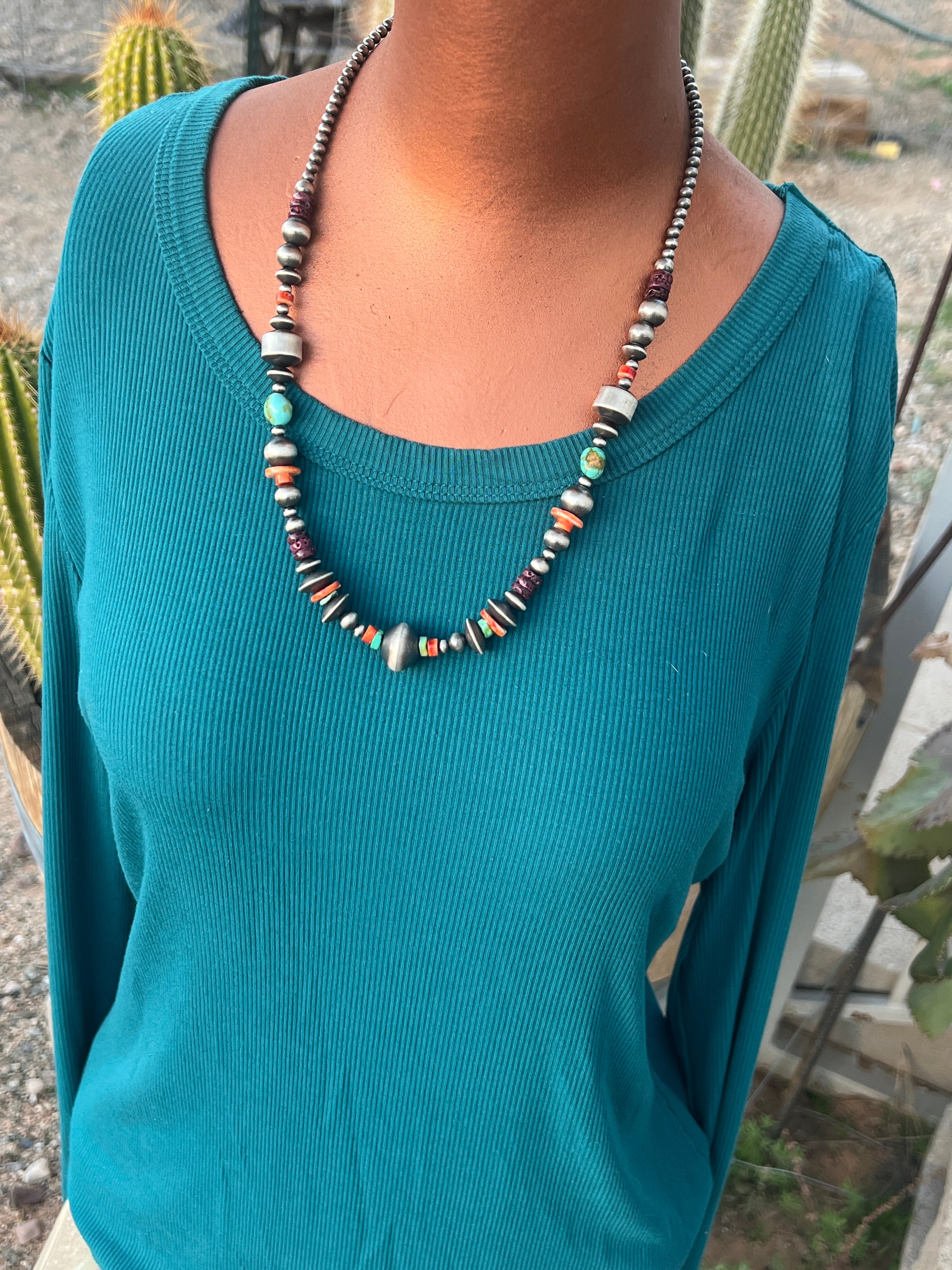 Rose Martin Electric Rainbow Sterling Silver, Turquoise and Spiny Oyster Single Strand Beaded Necklace, 22 inches