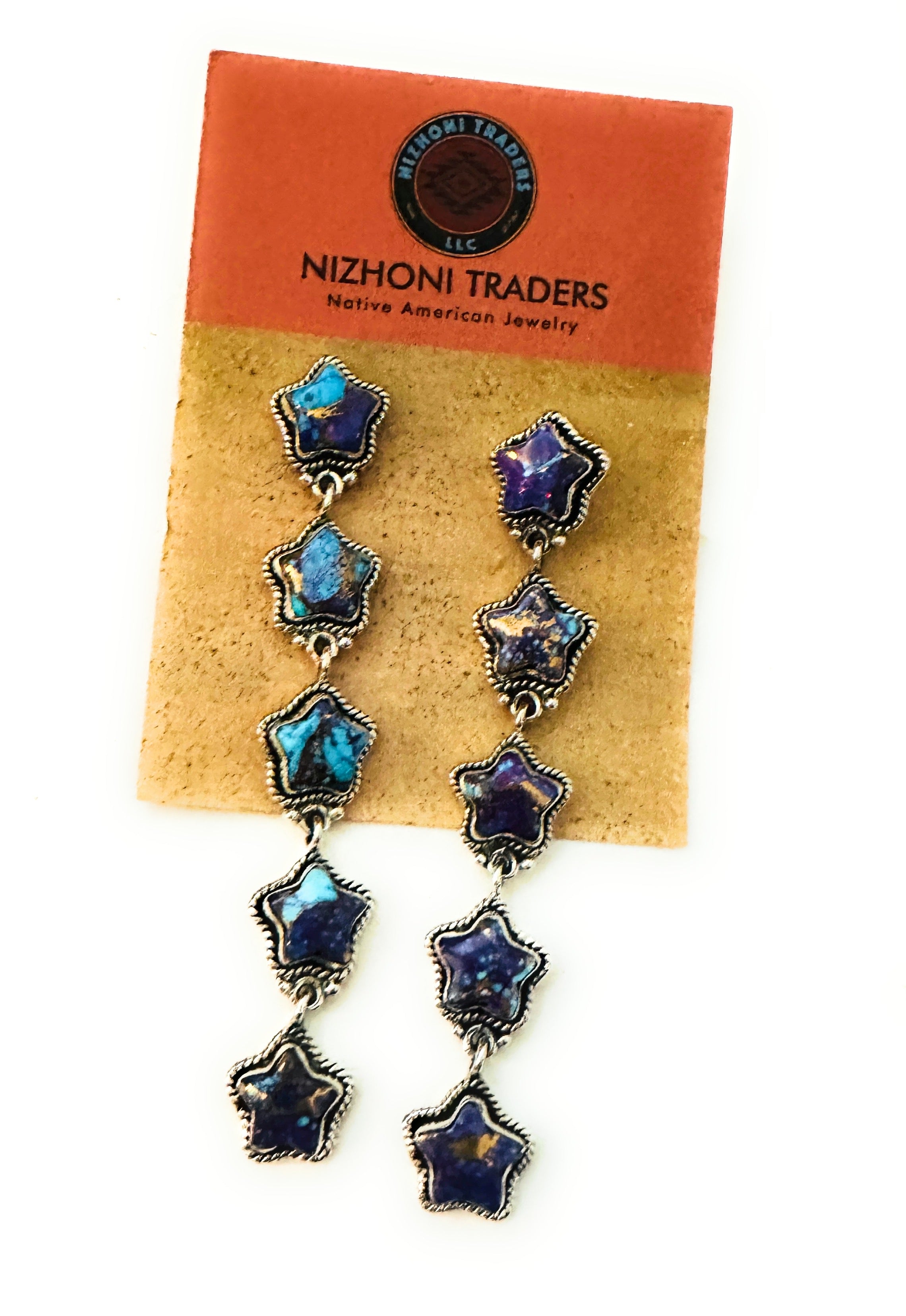 Handmade Purple Dream Mojave & Sterling Silver Star Dangle Earrings Signed Nizhoni