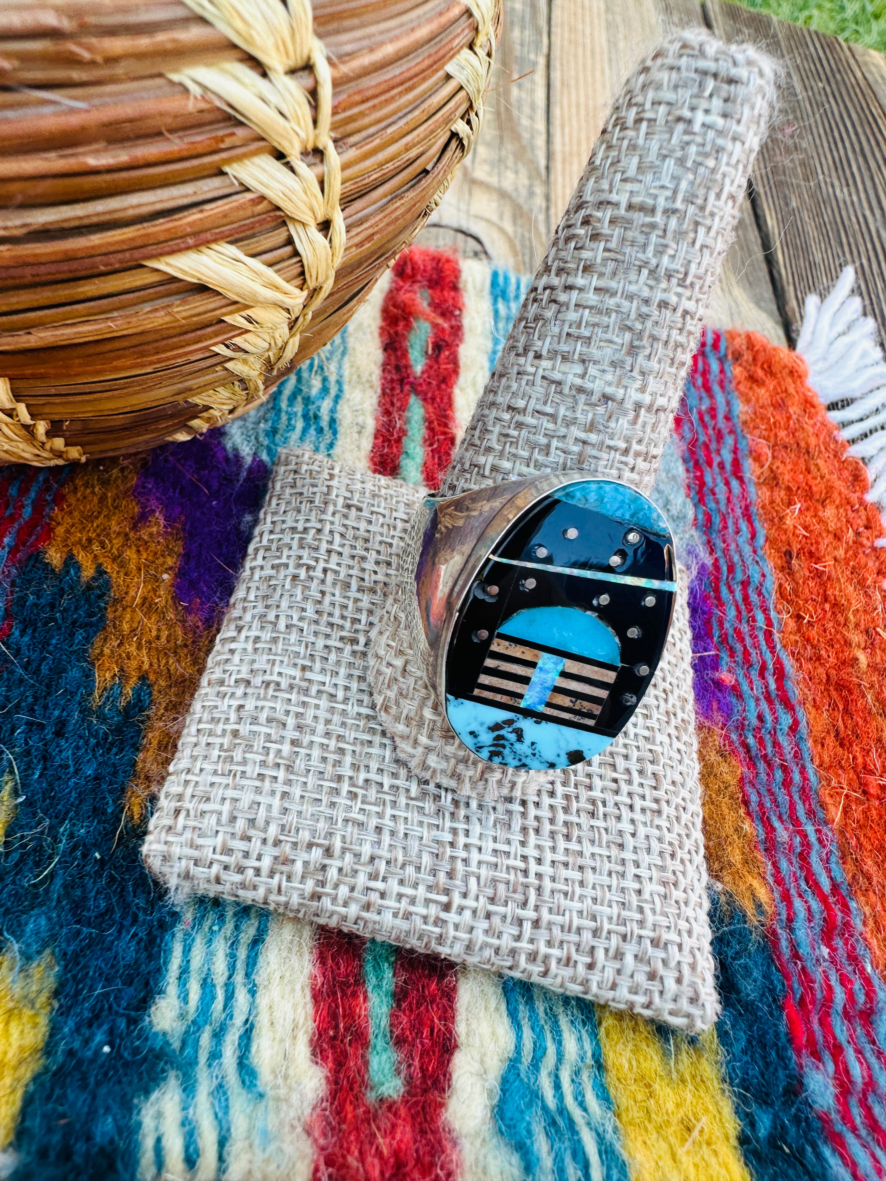 Handcrafted Multi Stone & Sterling Silver Inlay Ring Size 11 by Gilbert Smith