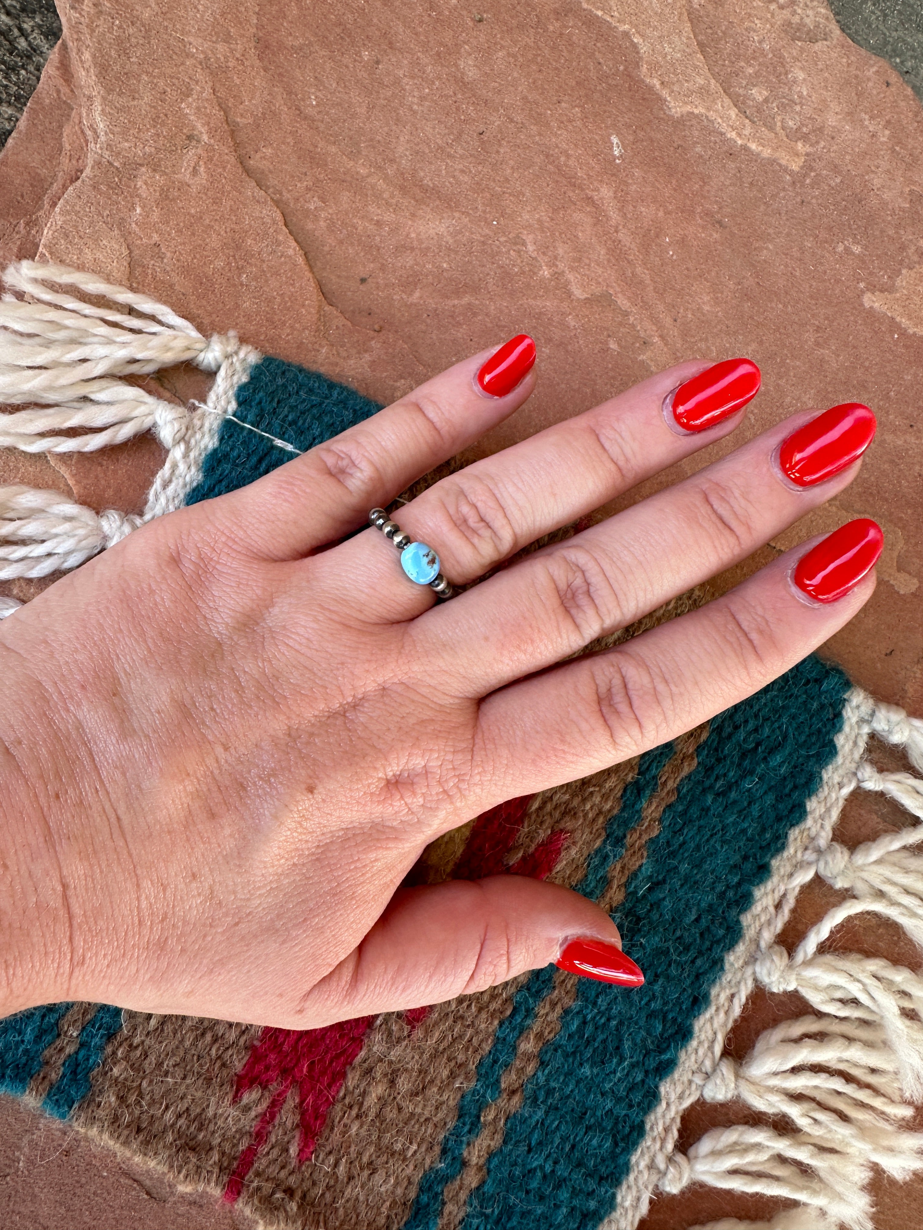 THE VENICE BAND Handmade Sterling Silver Navajo Pearl Style Golden Hills Turquoise Beaded Stretch Ring