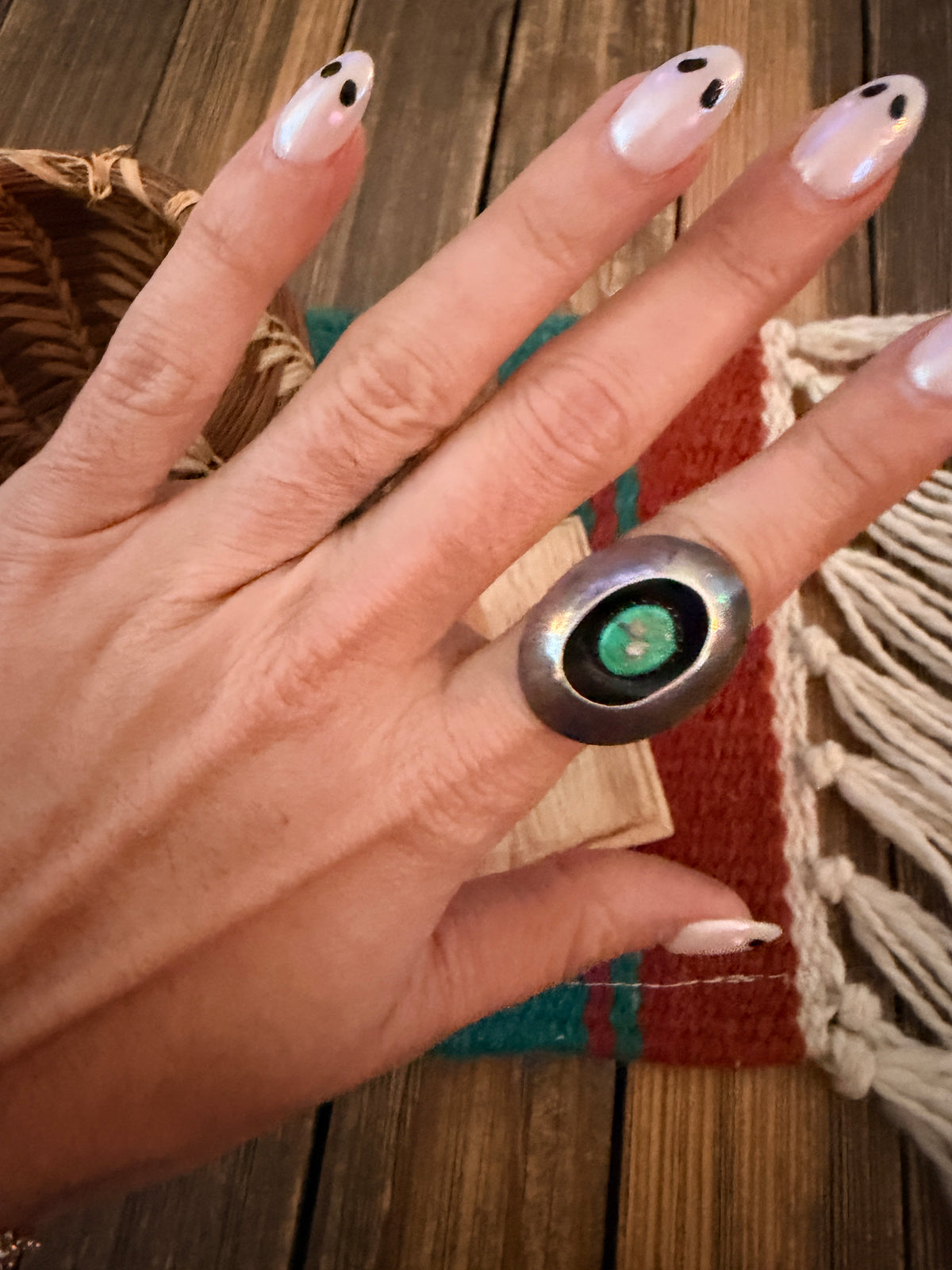 Old Pawn Handcrafted Turquoise & Sterling Silver Shawbox Ring Size 4.5