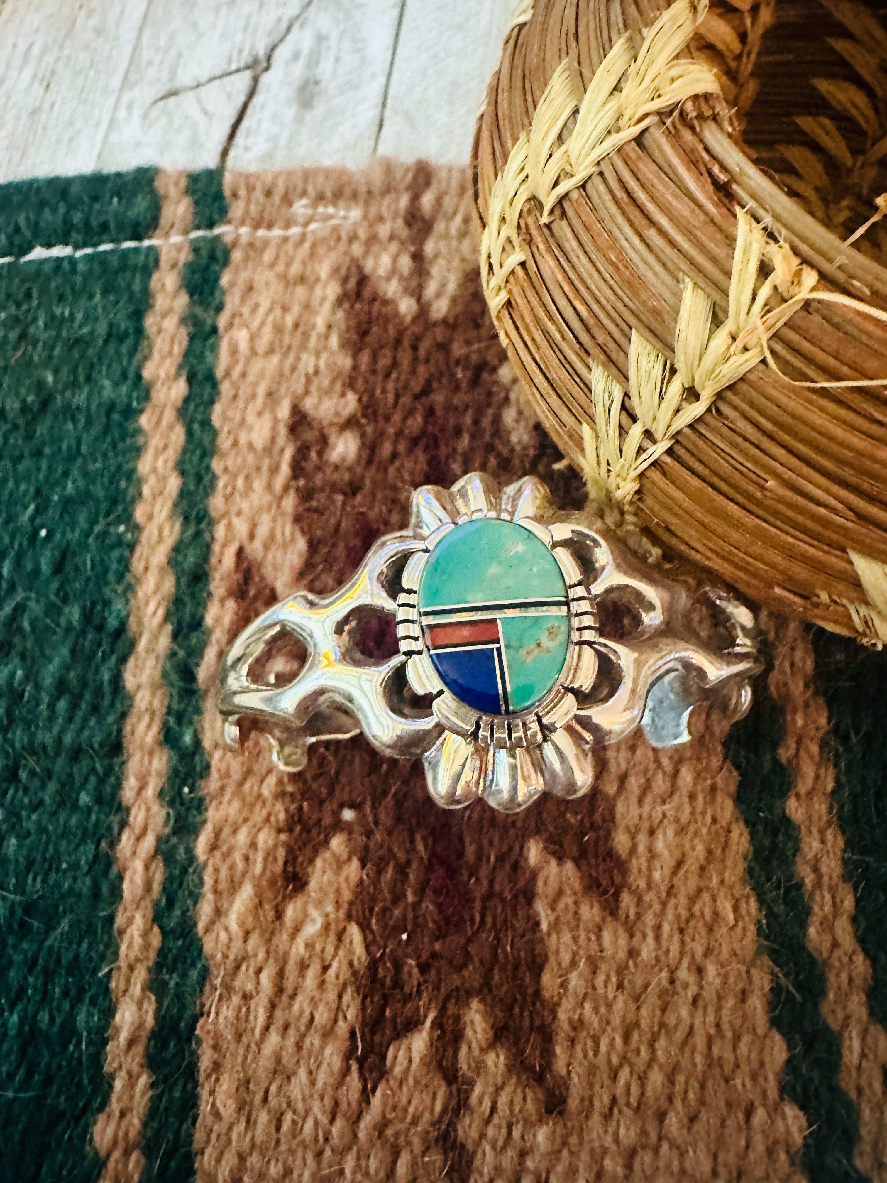 Handcrafted Old Pawn Multi Stone & Sterling Silver Inlay Cuff Bracelet