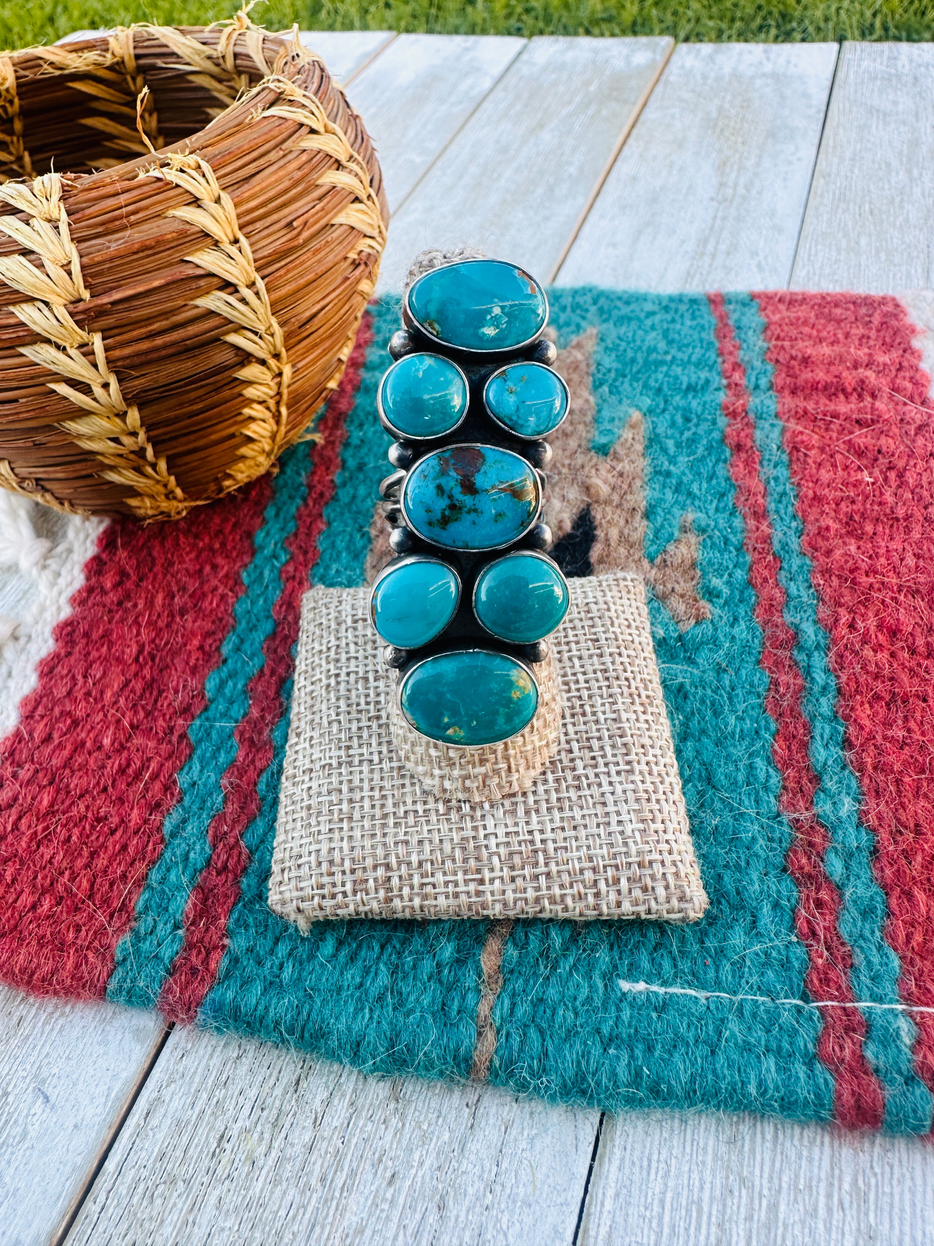 Old Pawn Handcrafted Turquoise & Sterling Silver Cluster Ring Size 8