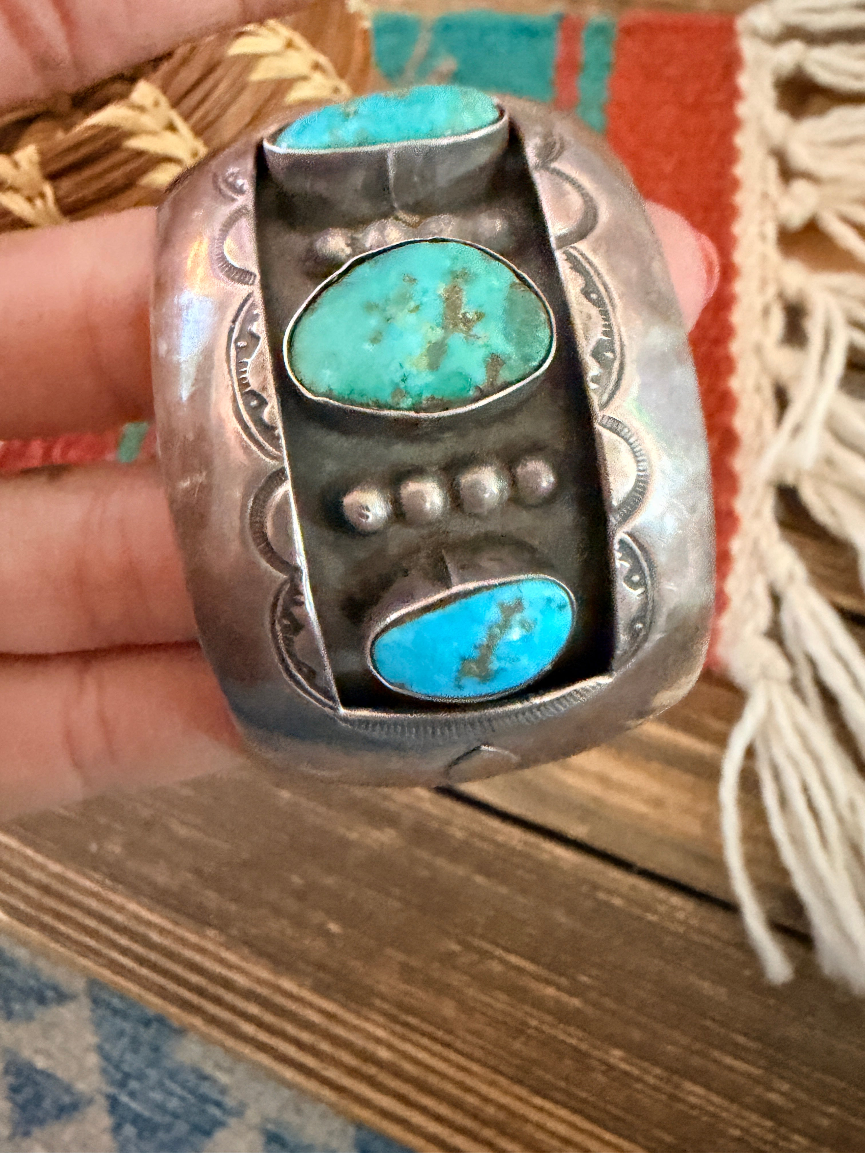 Handcrafted Old Pawn Sterling Silver & Multi Turquoise Shadowbox Cuff Bracelet