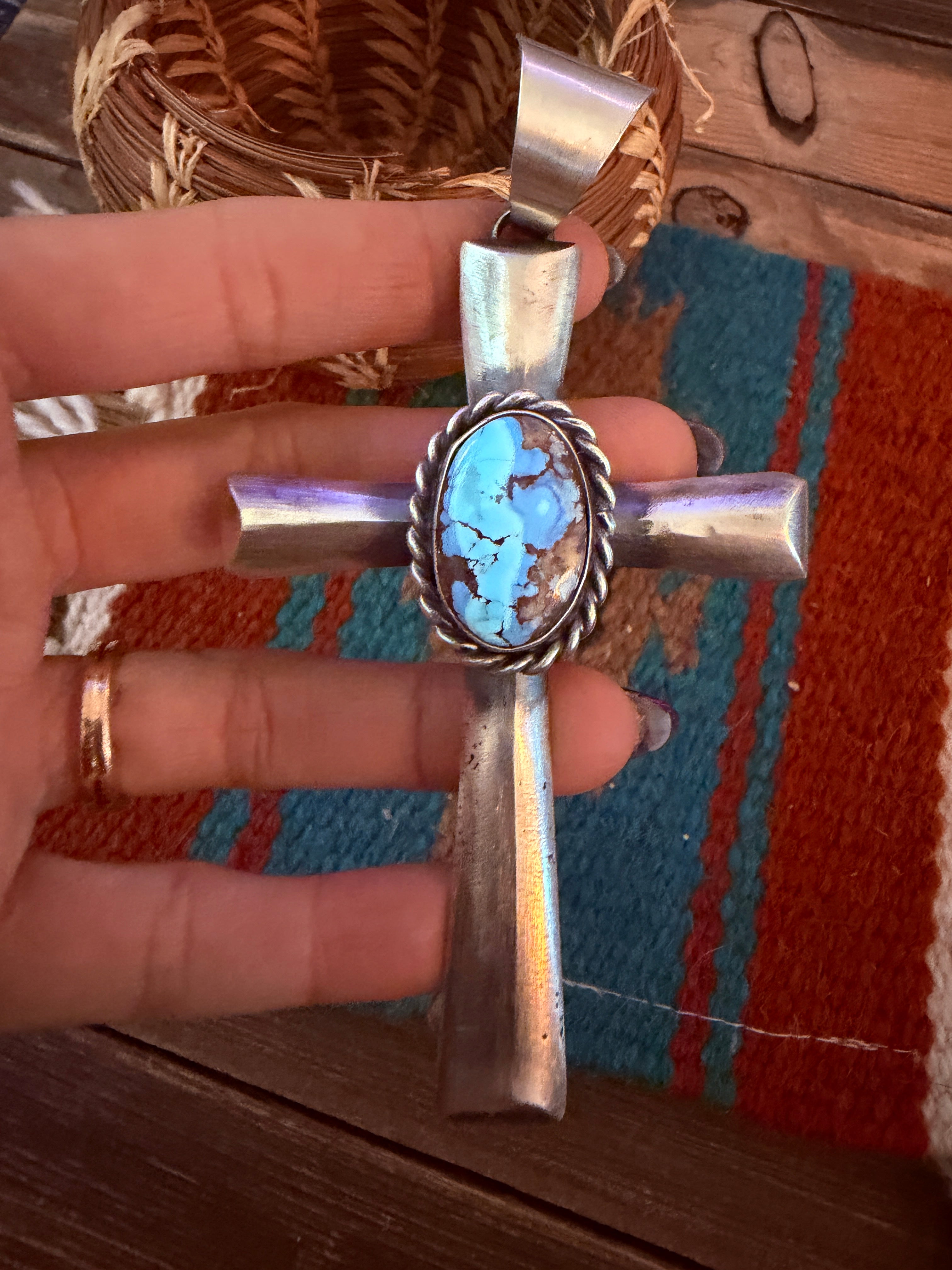Handcrafted Golden Hills Turquoise & Sterling Silver Cross Pendant by Chimney Butte