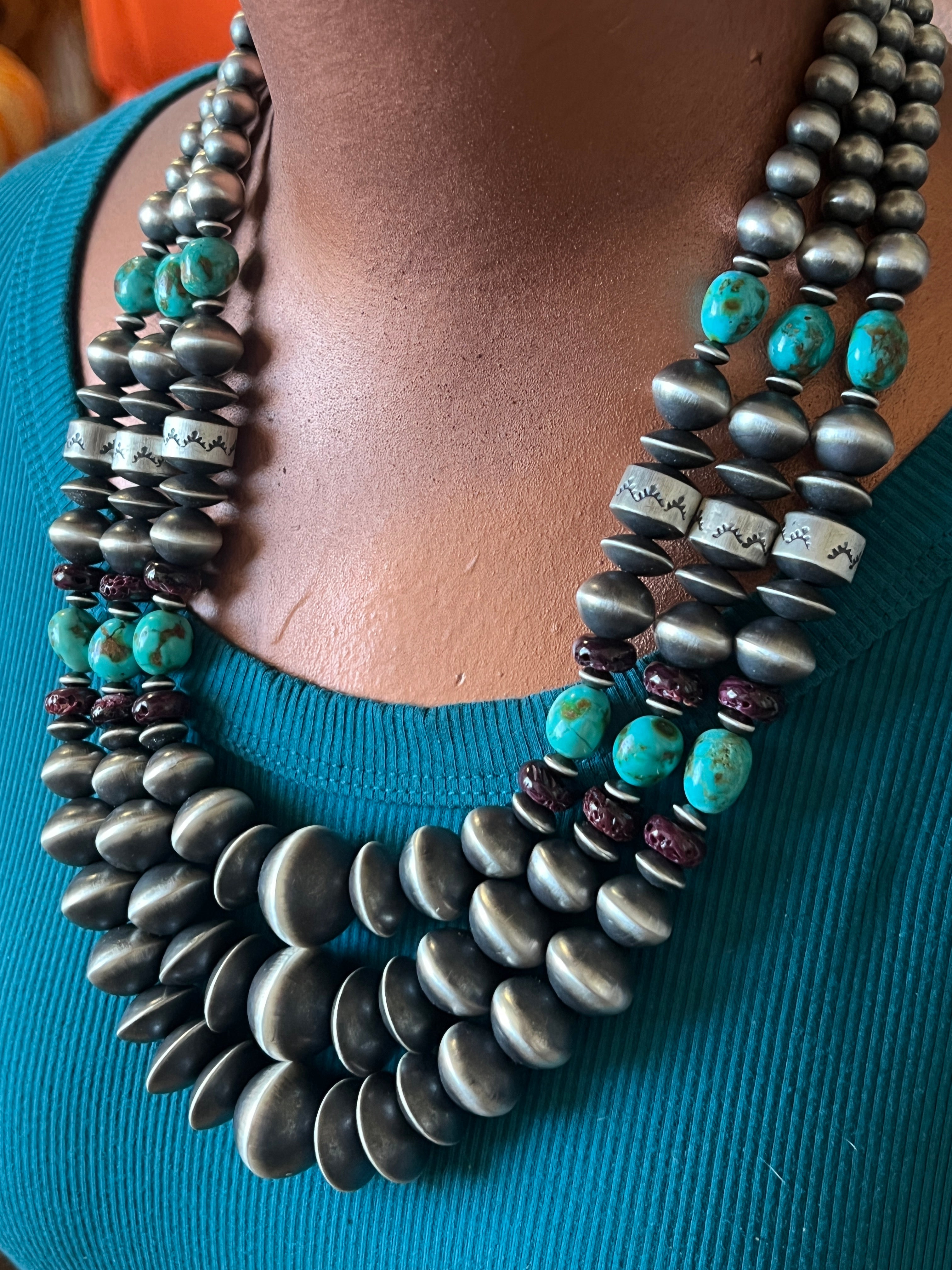 Rose Martin Handcrafted Triple Strand Sterling Silver, Purple Spiny Oyster and Kingman Turquoise Bead Necklace