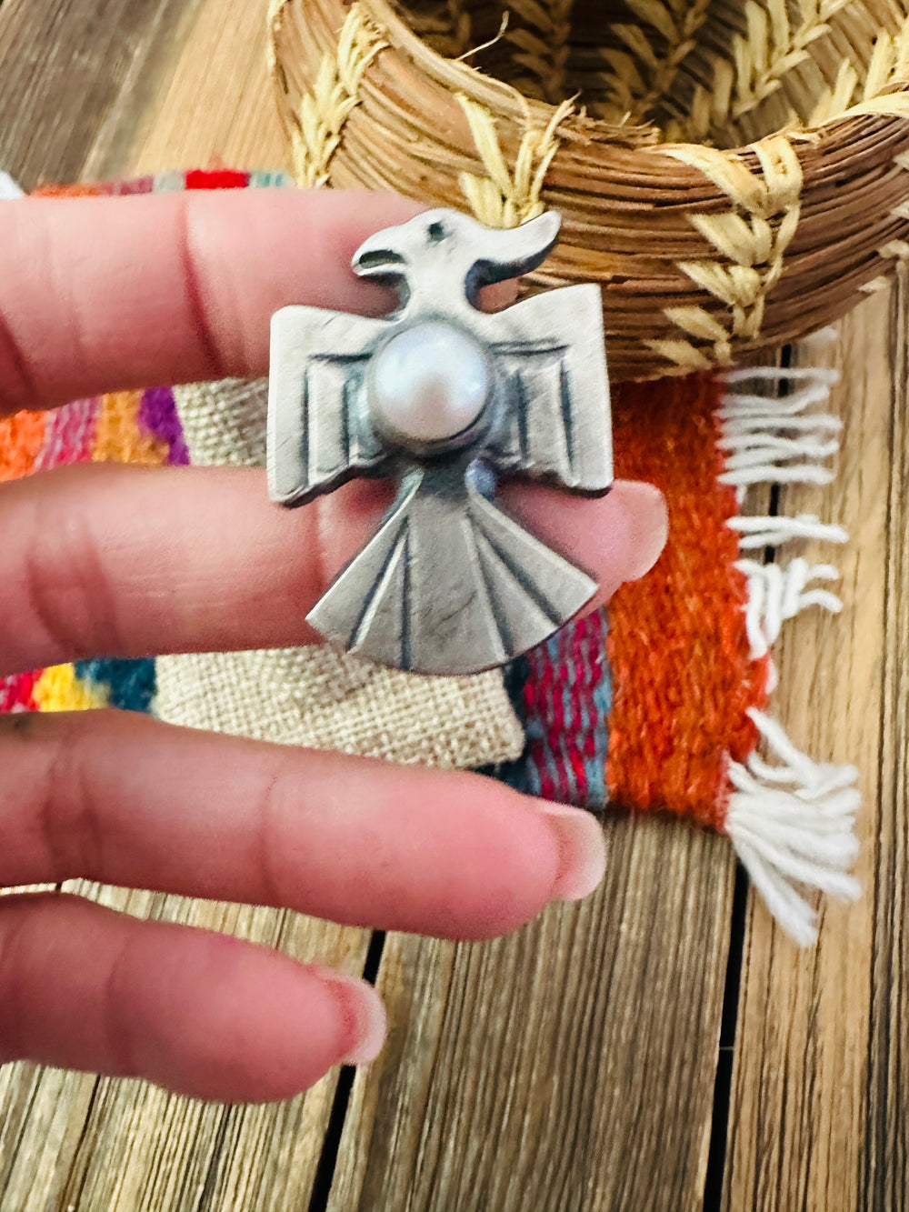 Handcrafted Pearl and Sterling Silver Thunderbird Ring size 6 by Chimney Butte