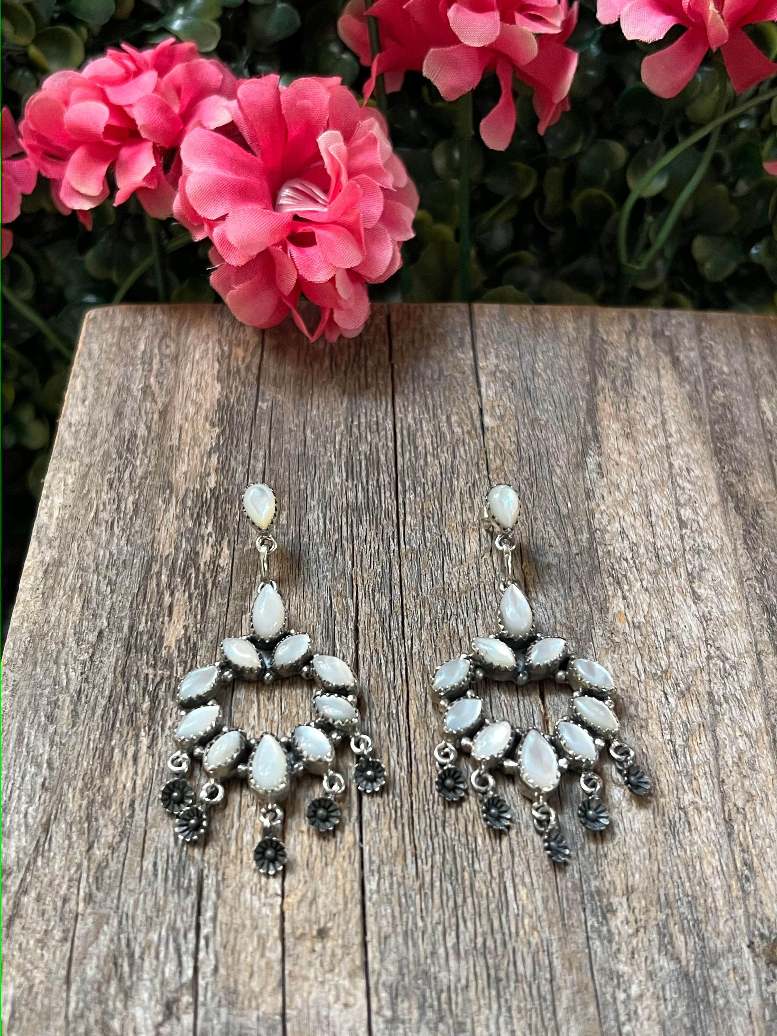 Handmade Mother Of Pearl Cluster Sterling Silver Dangle Earrings