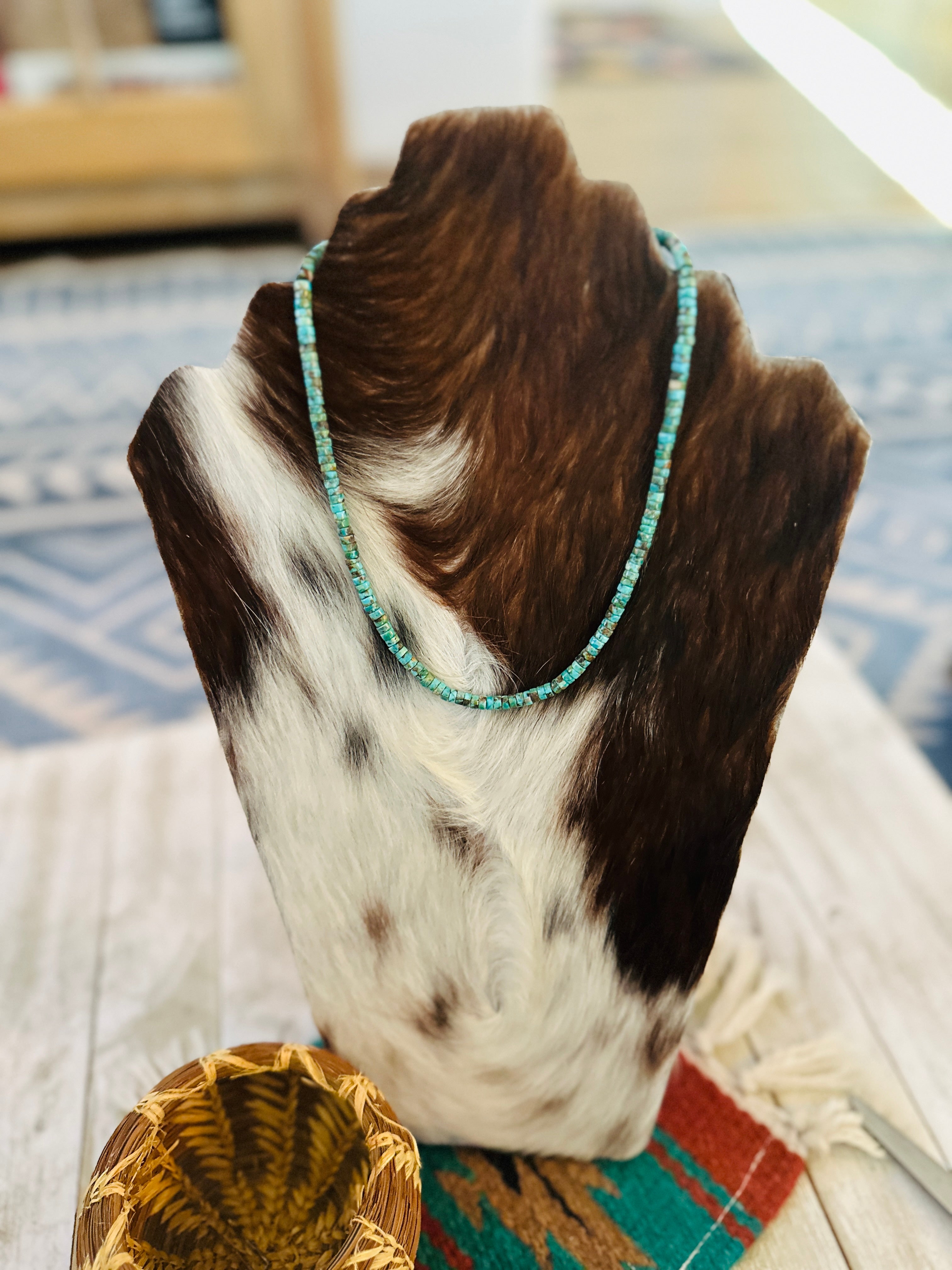 Handcrafted Turquoise & Sterling Silver Beaded Necklace 16”