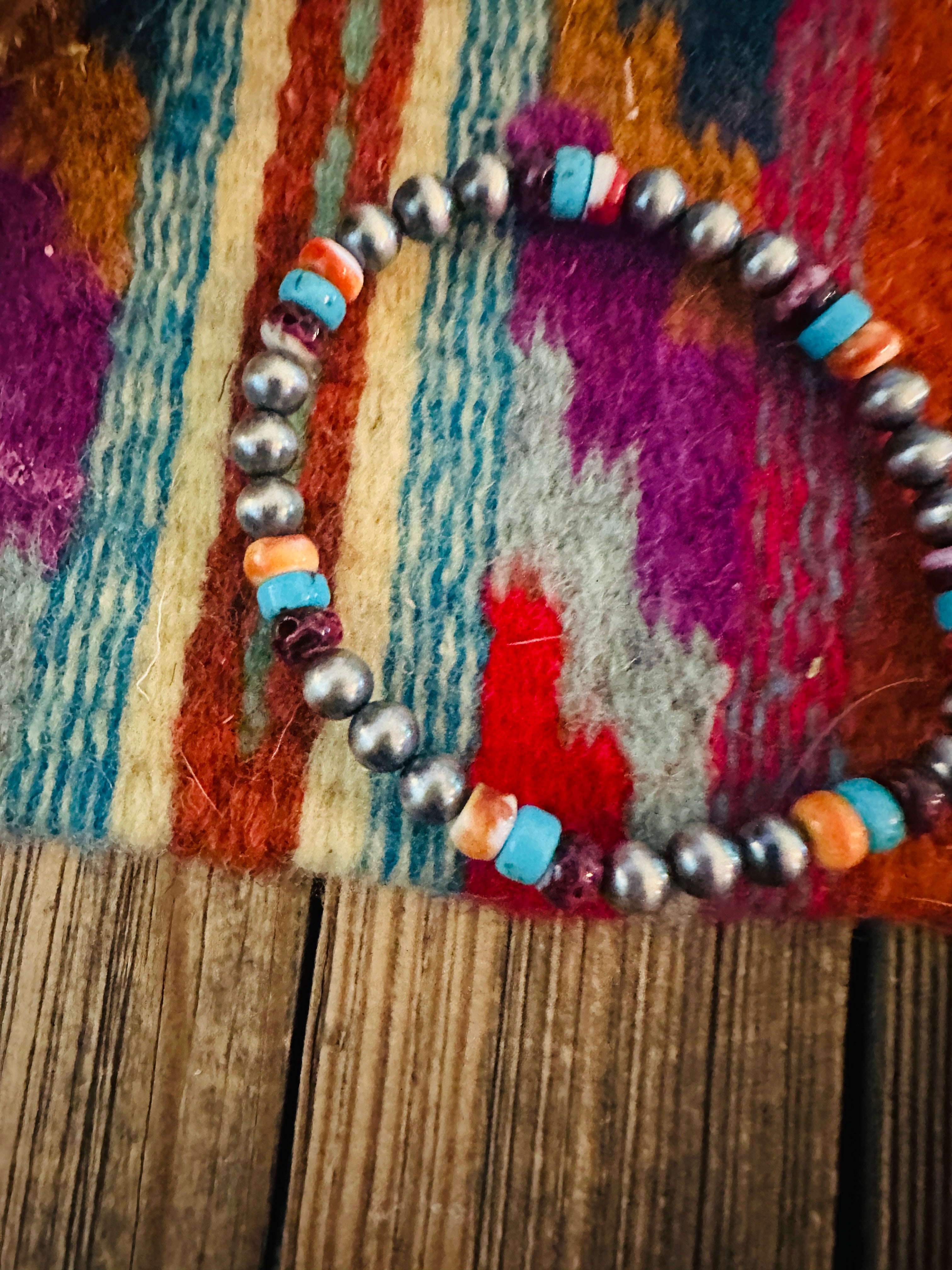 Handcrafed Turquoise, Spiny & Sterling Silver Pearl Beaded Stretch Bracelet