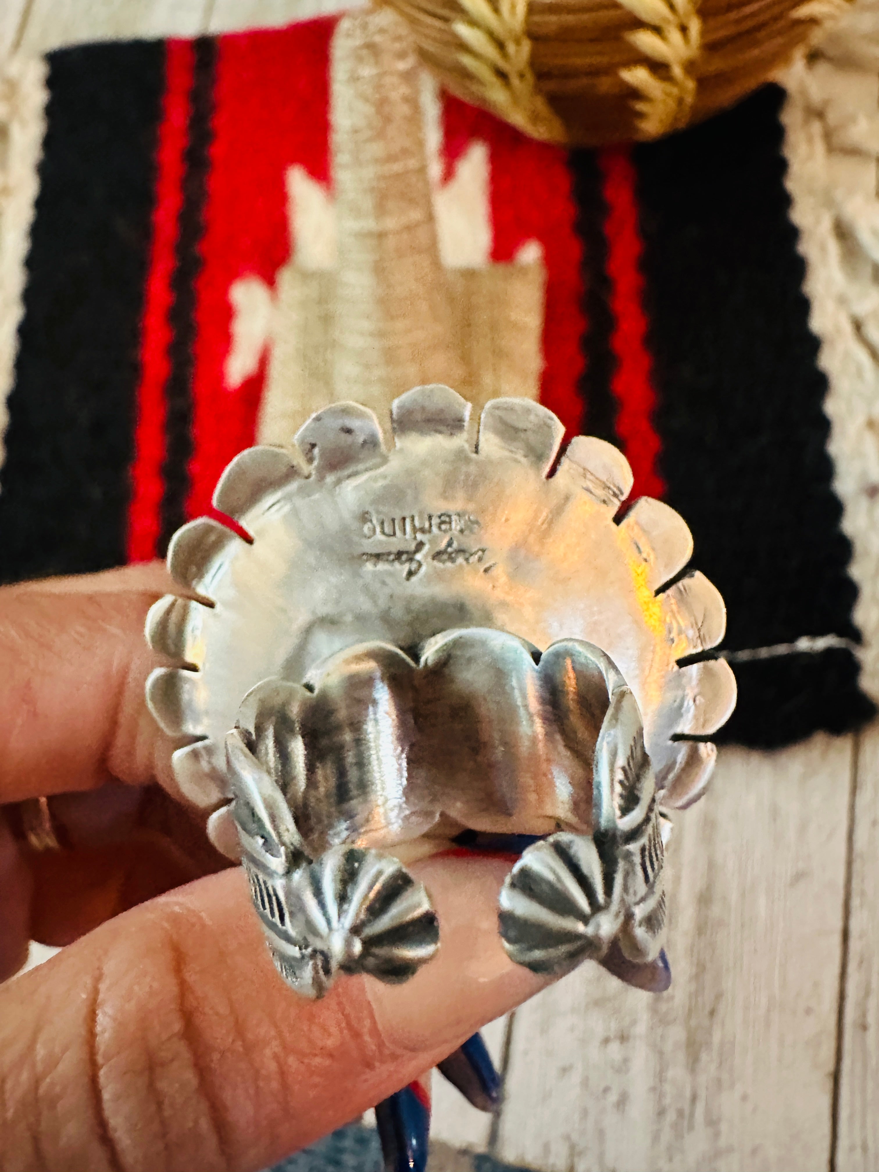 Handcrafted Hand Stamped Sterling Silver &  Turquoise Adjustable Ring by Leroy James