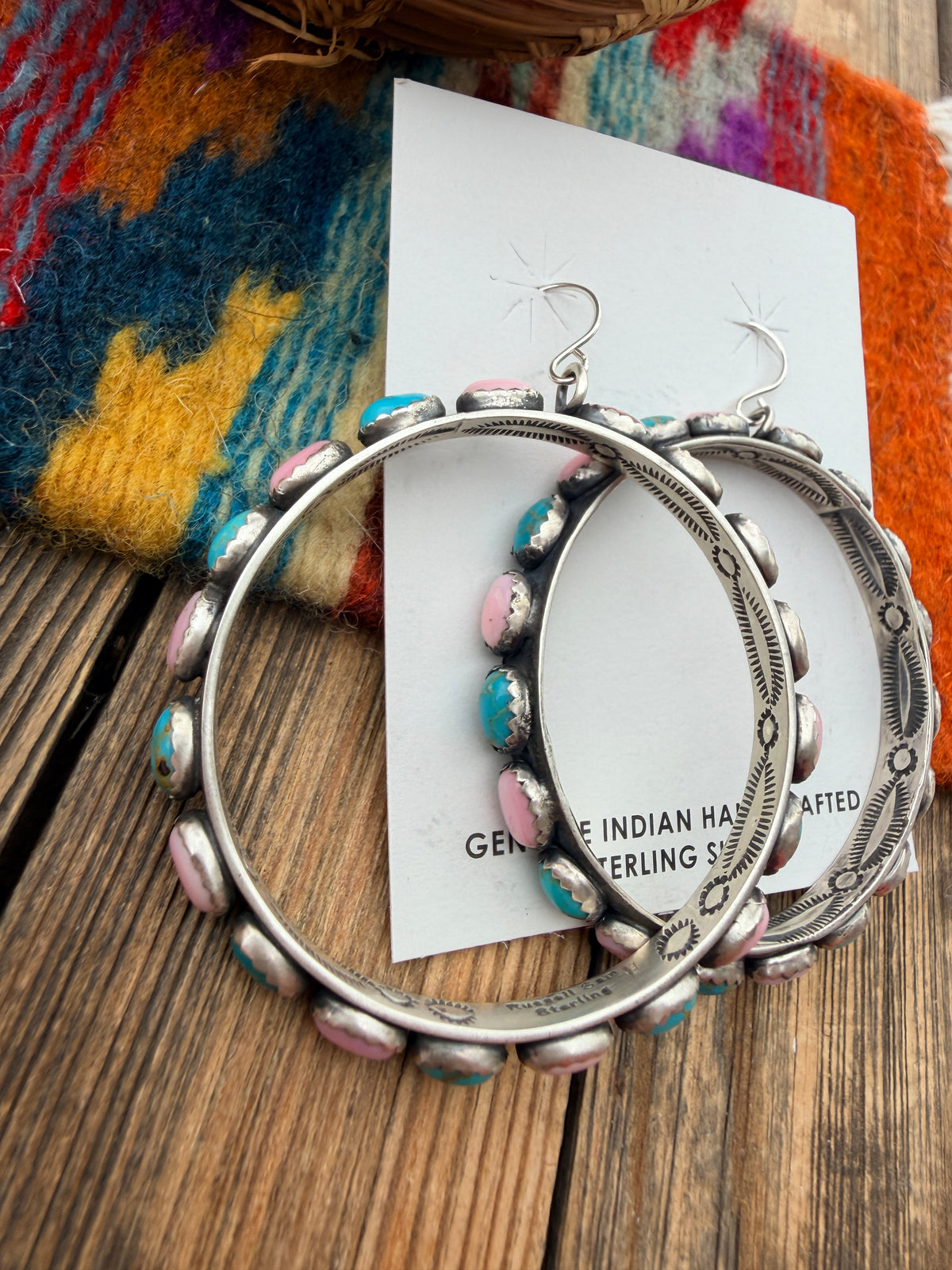 Handcrafted Turquoise, Queen Pink Conch & Sterling Silver Dangle Hoop Earrings by Russell Sam