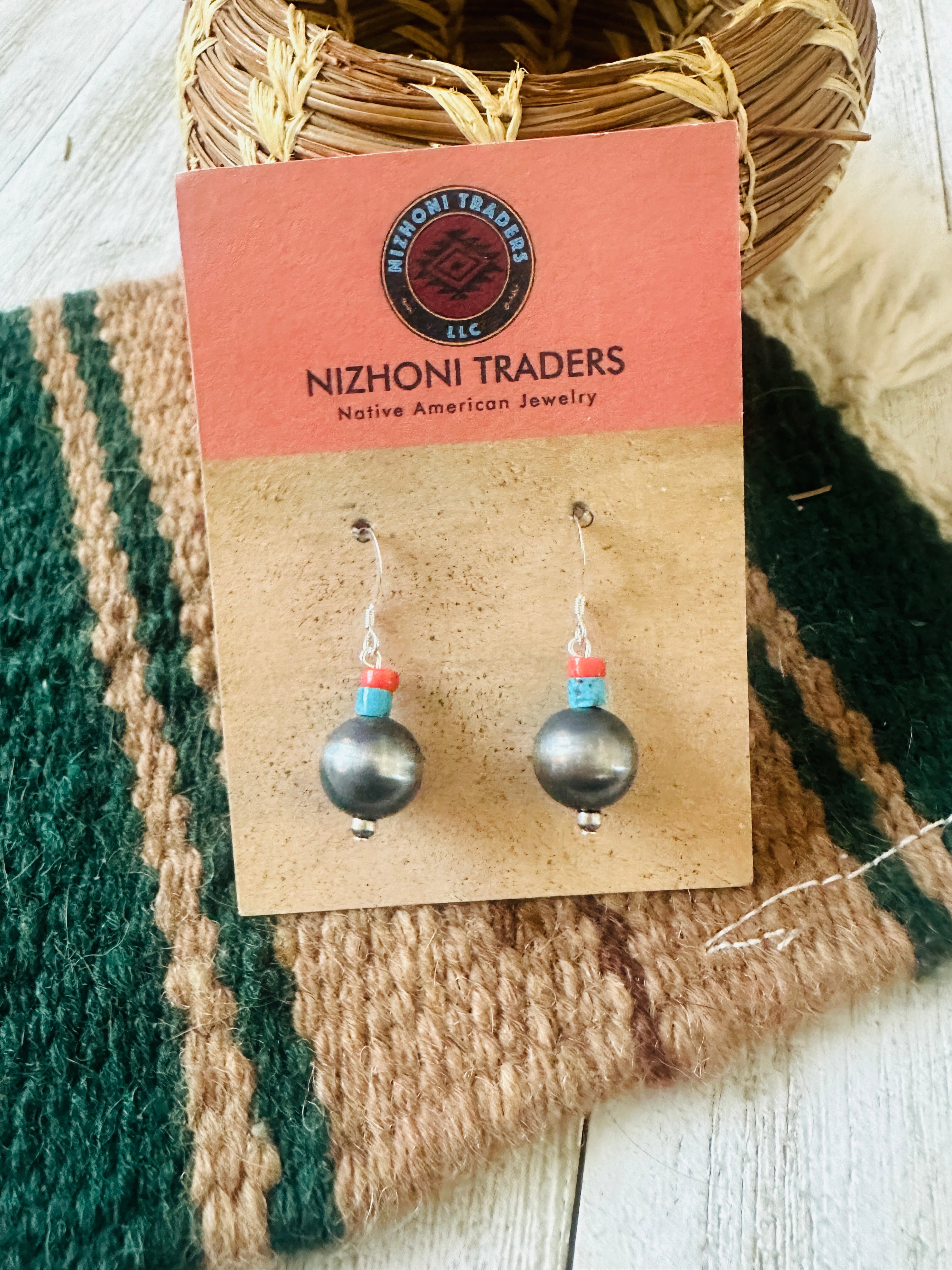 Navajo Turquoise, Coral & Sterling Silver Pearl Dangle Earrings