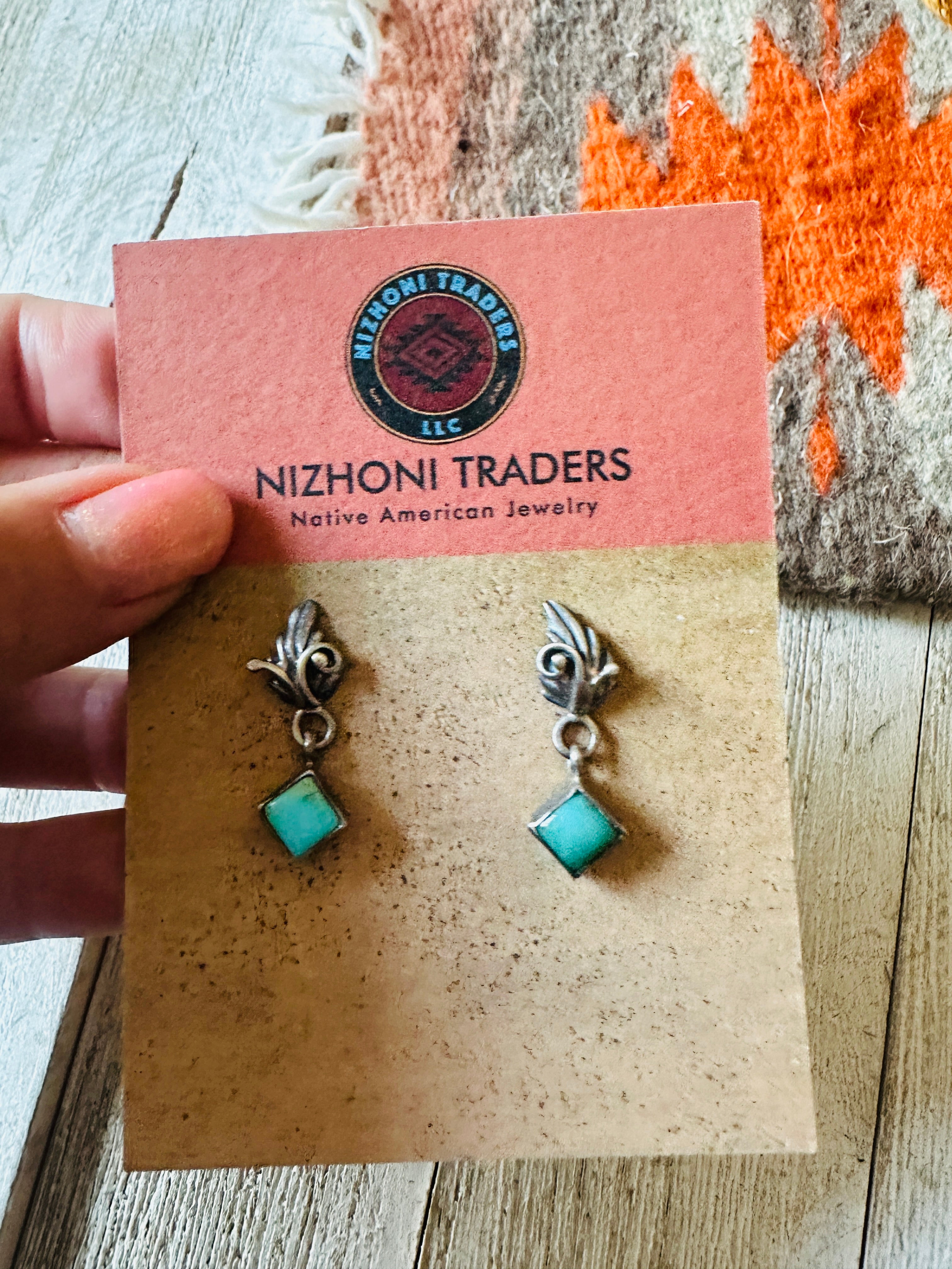 Navajo Turquoise & Sterling Silver Leaf Dangle Earrings