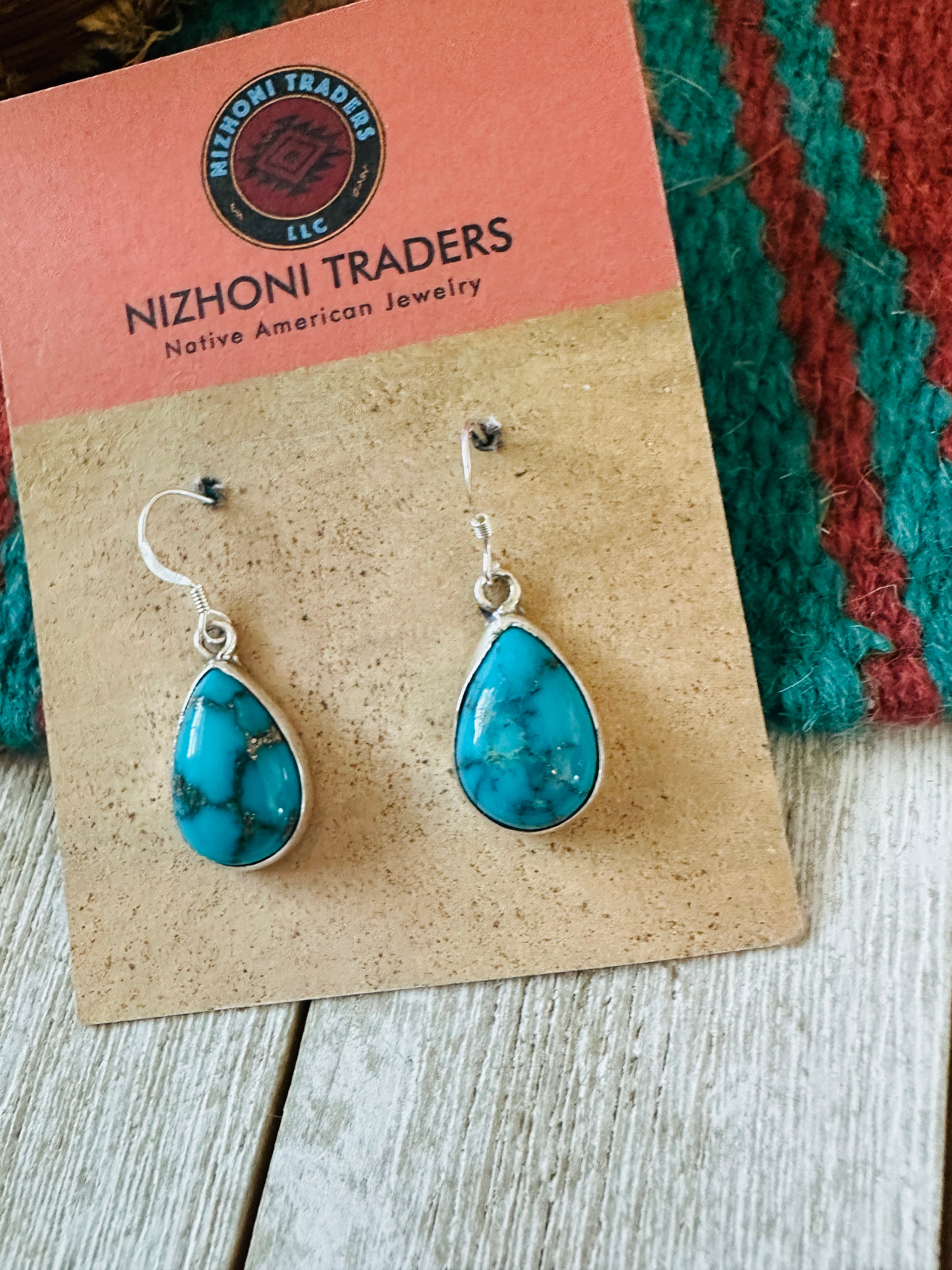 Navajo Turquoise & Sterling Silver Teardrop Dangle Earrings