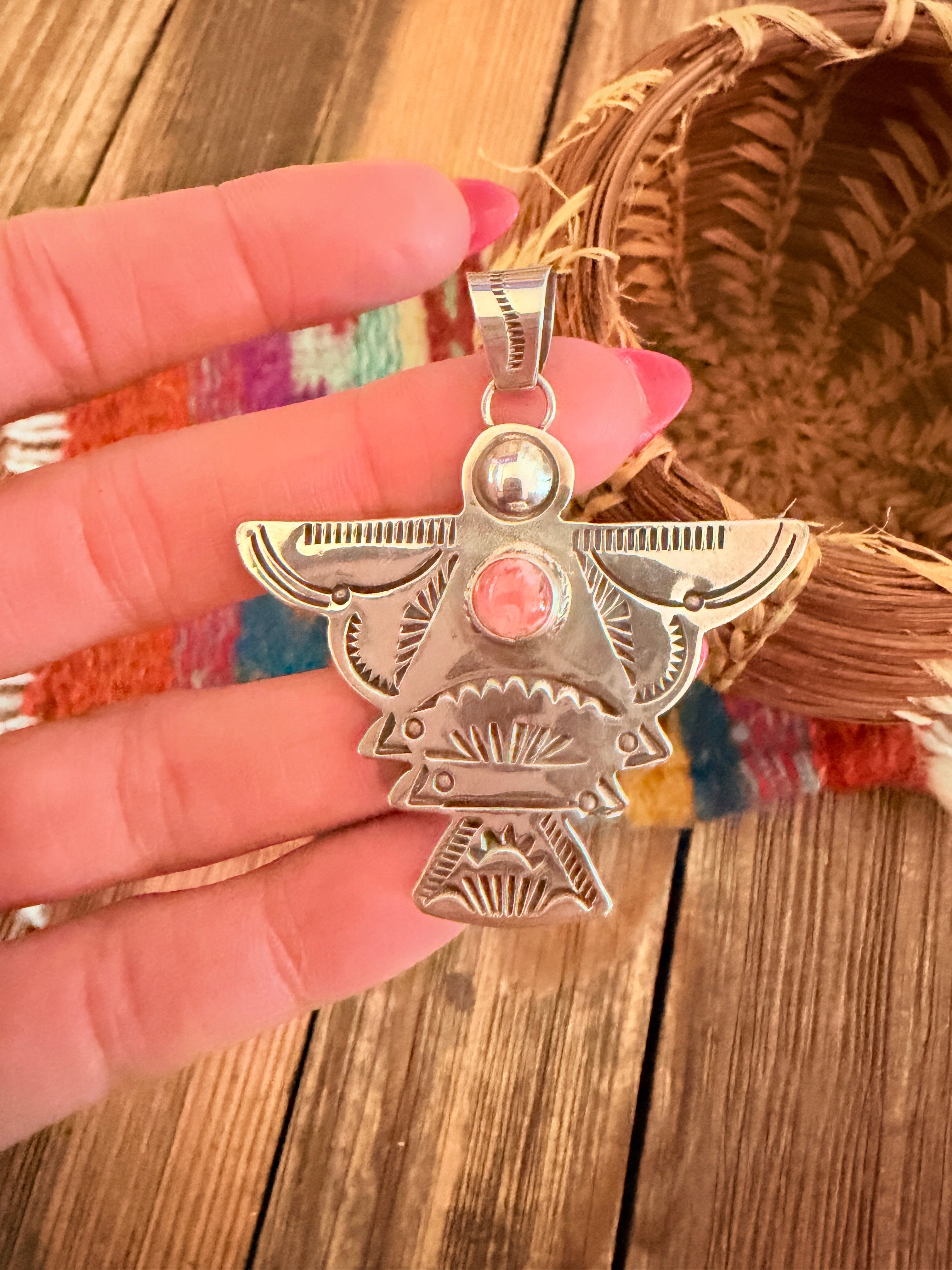 Handcrafted Sterling Silver & Rhodochrosite Thunderbird Pendant