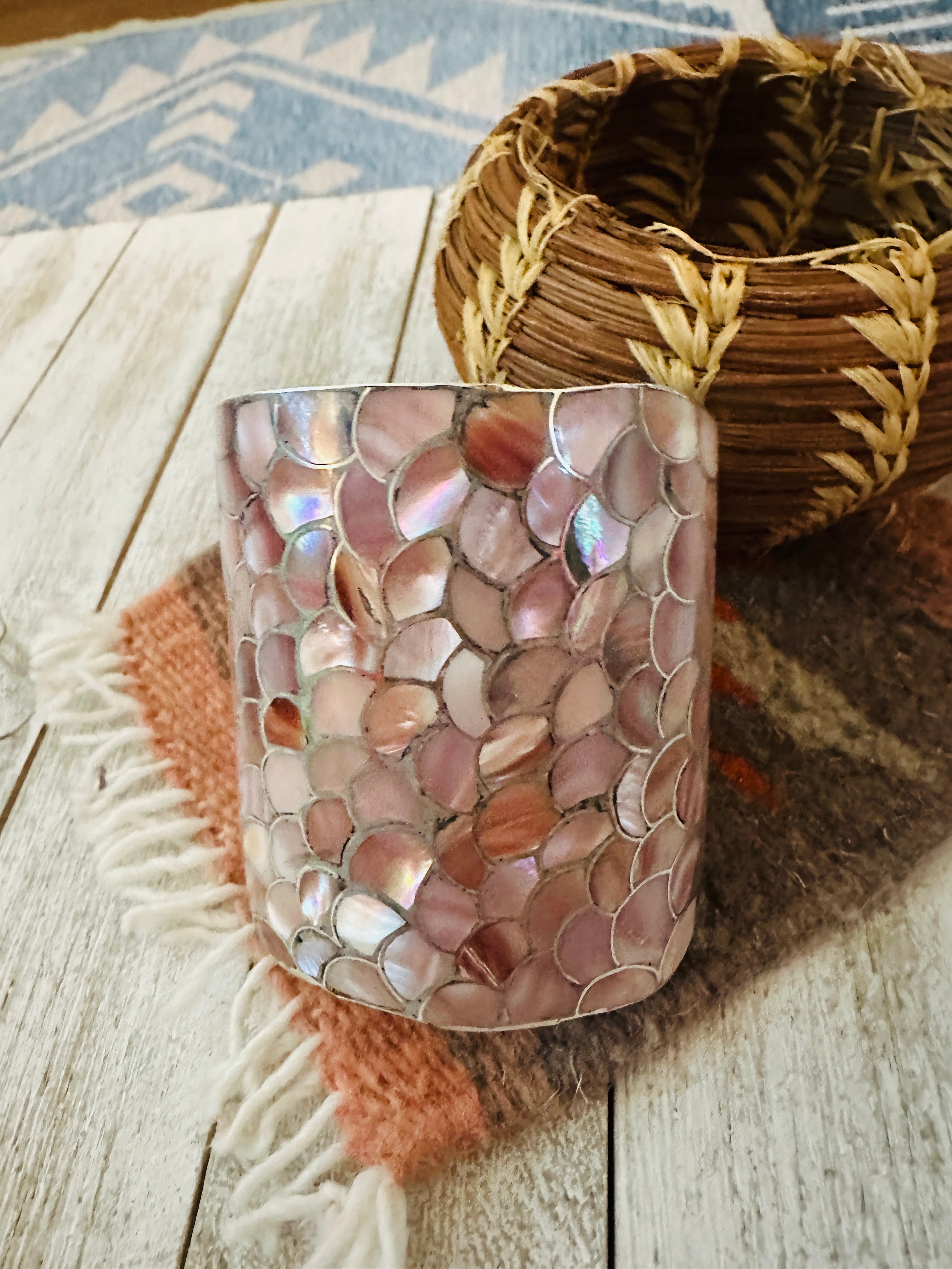 Handcrafted Sterling Silver & Mother of Pearl Inlay Cuff Bracelet D