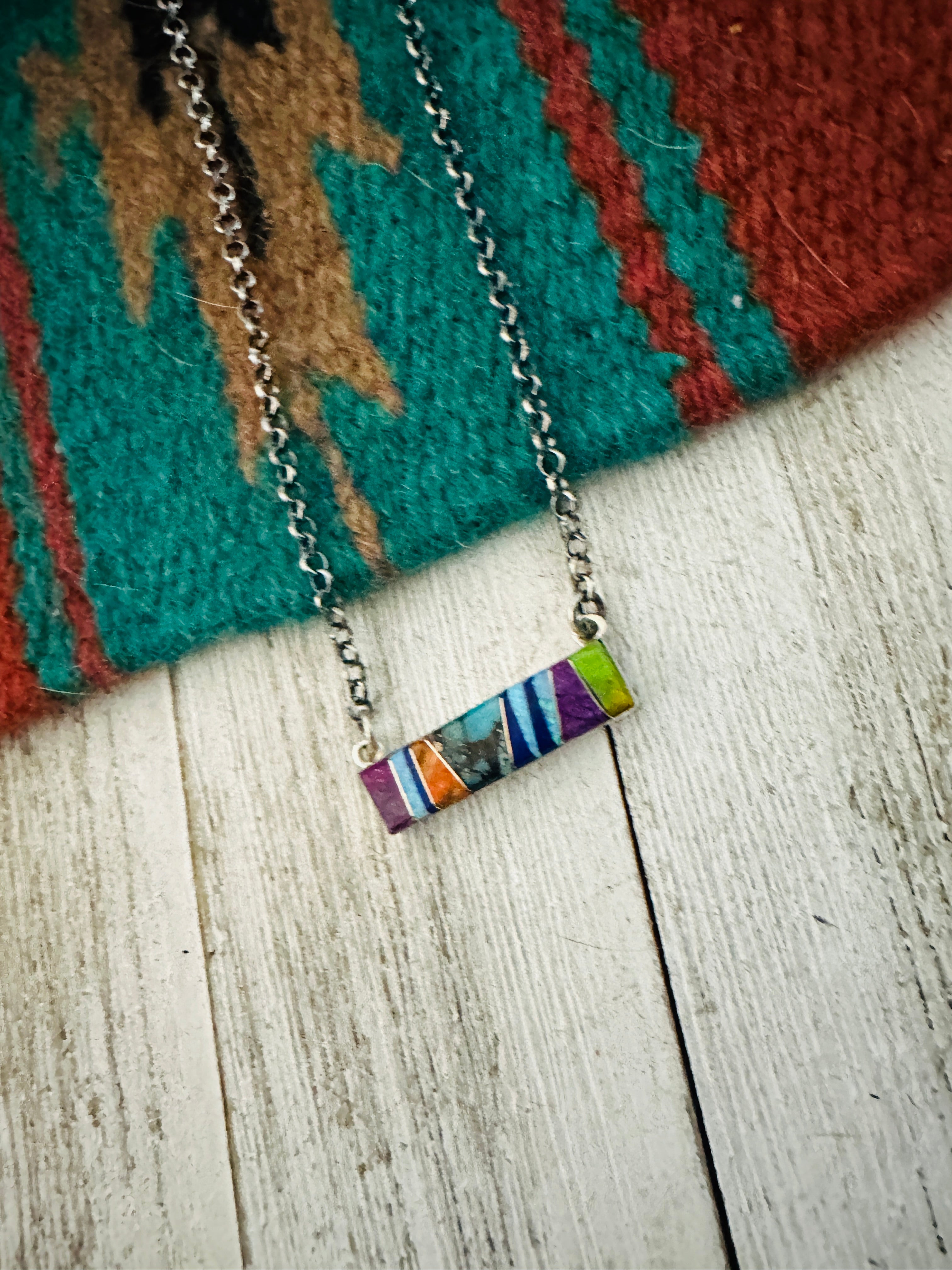 Navajo Multi Stone & Sterling Silver Inlay Bar Necklace