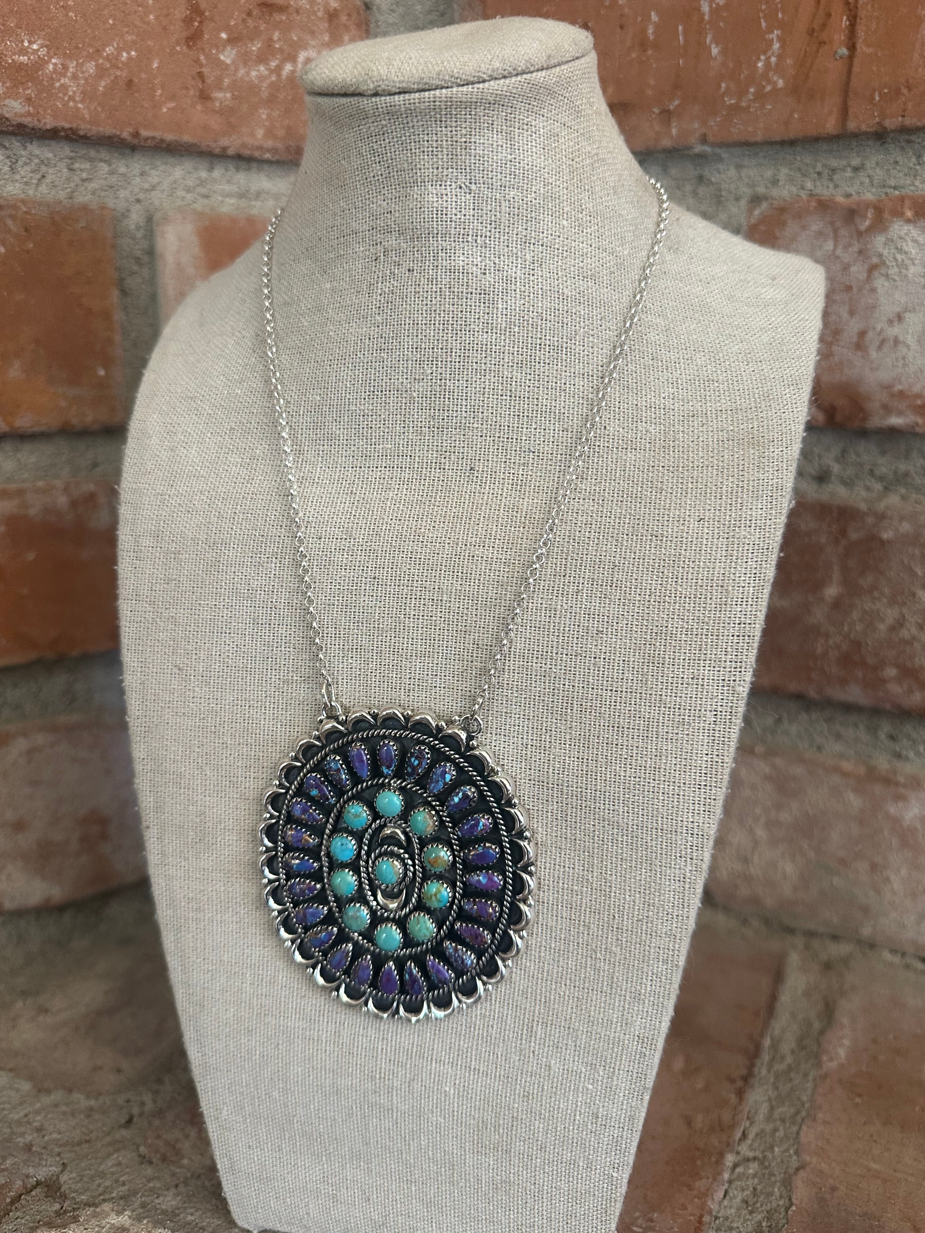 Beautiful Handmade Sterling Silver, Purple Dream Mojave & Turquoise Cluster Necklace Signed Nizhoni