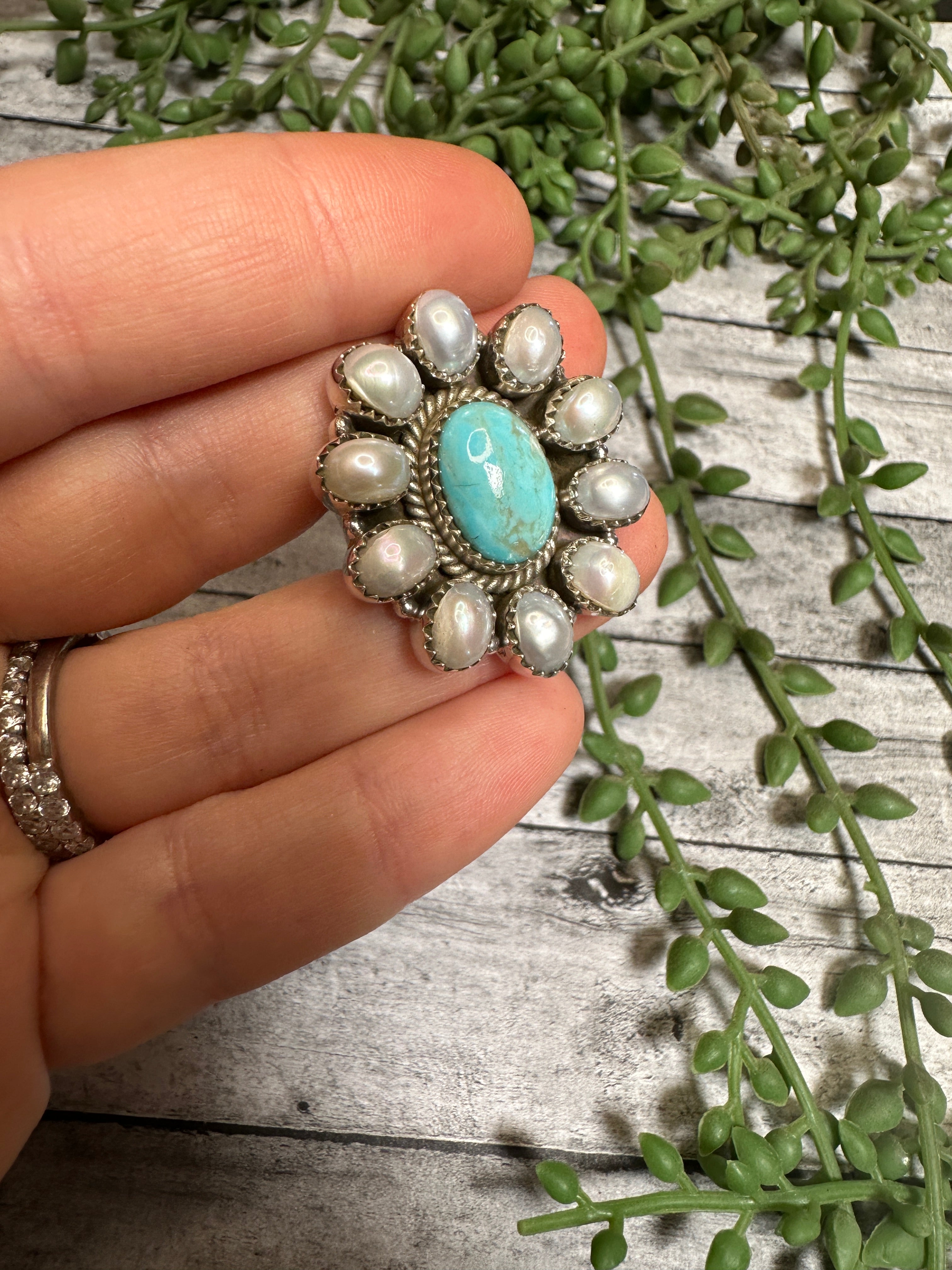 Beautiful Handmade Mother of Pearl, Turquoise And Sterling Silver Adjustable Ring