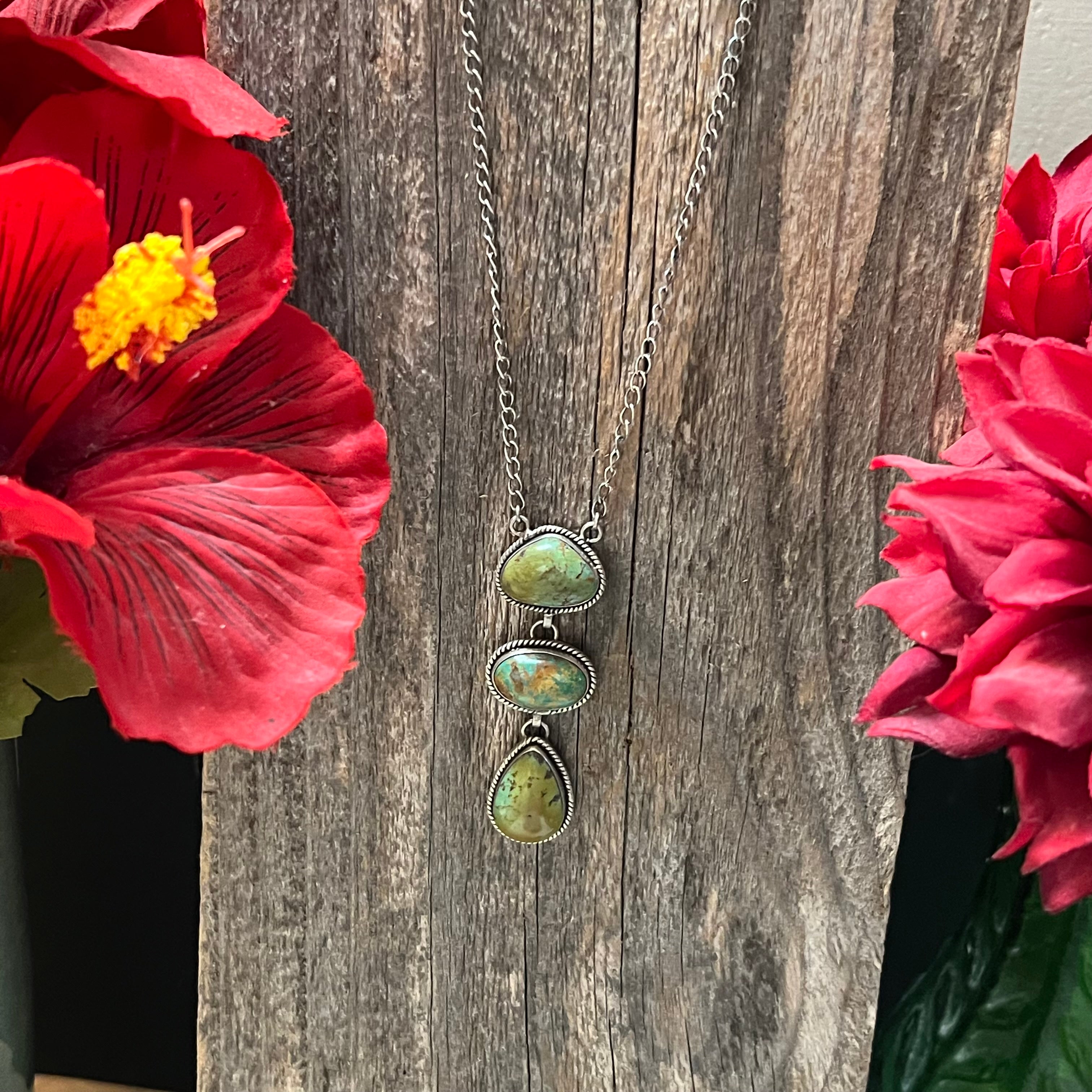 Handmade 3 Stone Turquoise & Sterling Silver Drop Necklace (10)