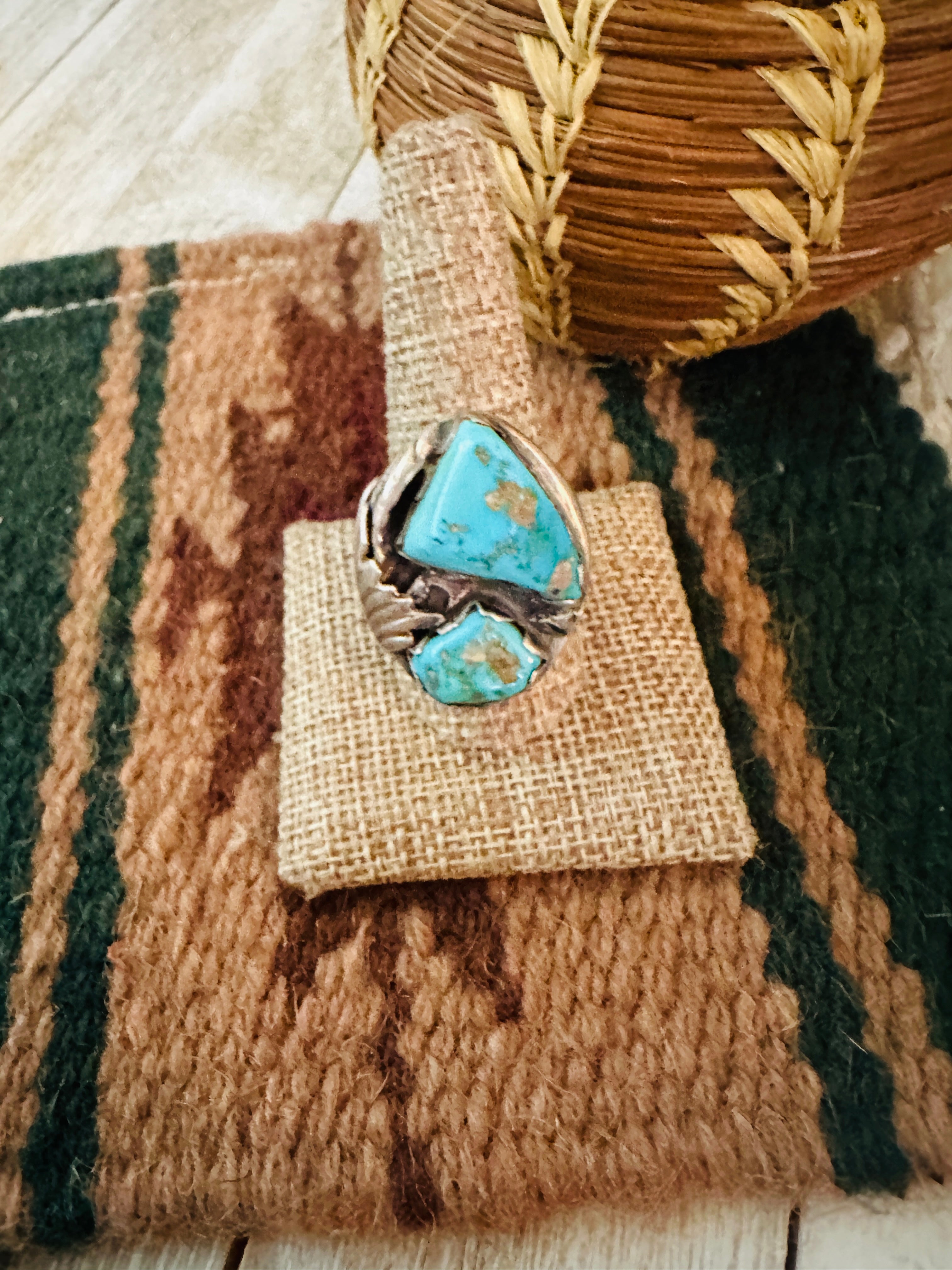 Handcrafted Old Pawn Turquoise and Sterling Silver Ring Size 10.5