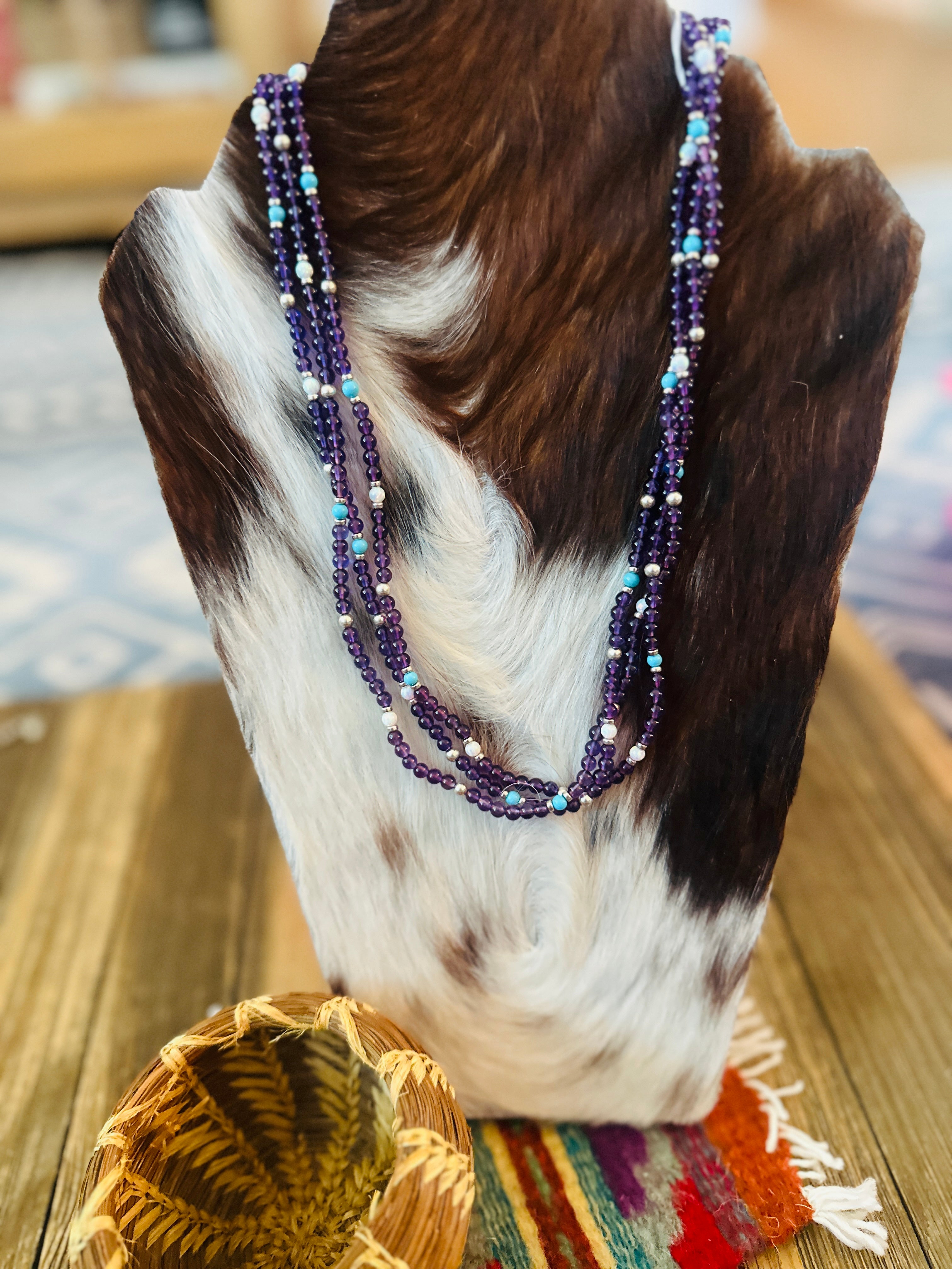 Handcrafted Amethyst, Opal, Turquoise & Sterling Silver Beaded Necklace