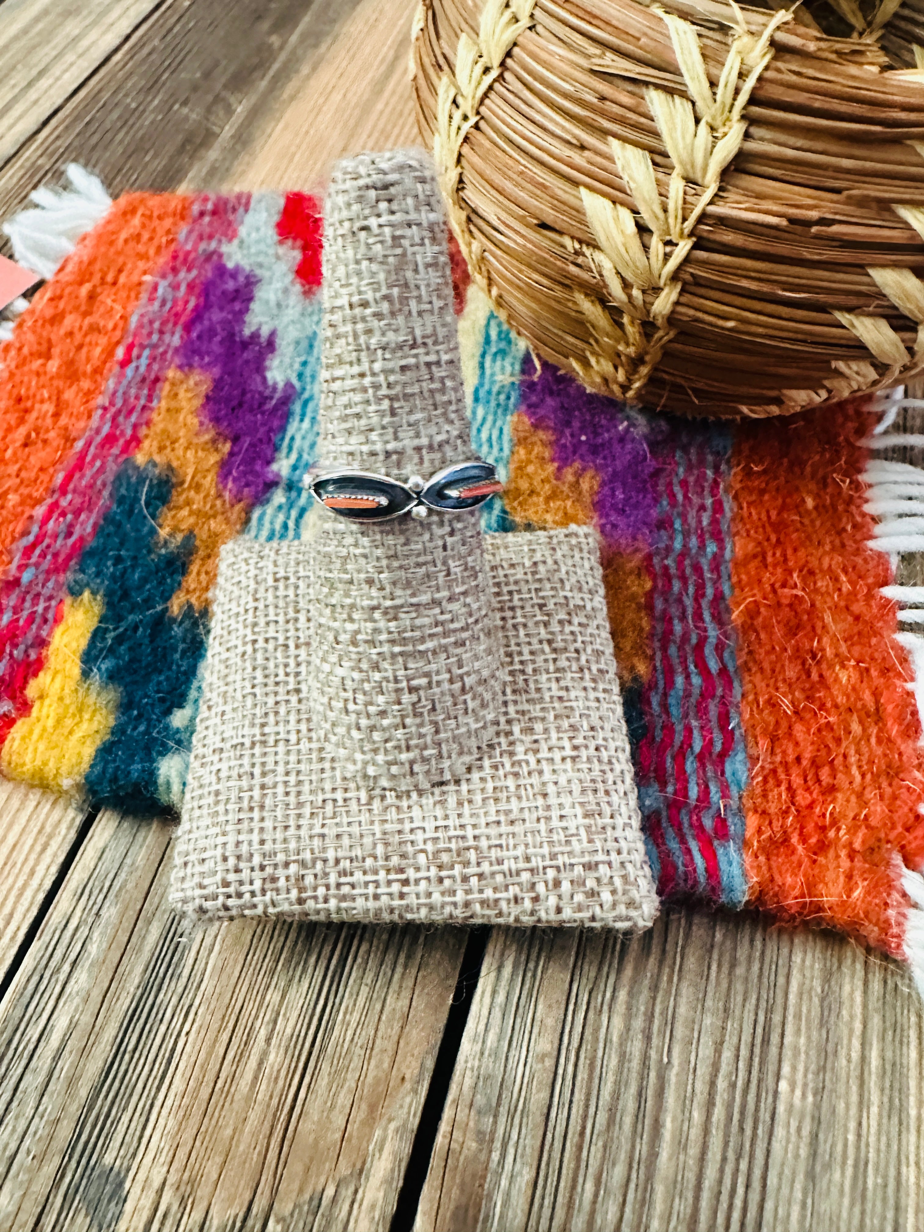 Handcrafted Coral & Sterling Silver Band Ring Size 7.5