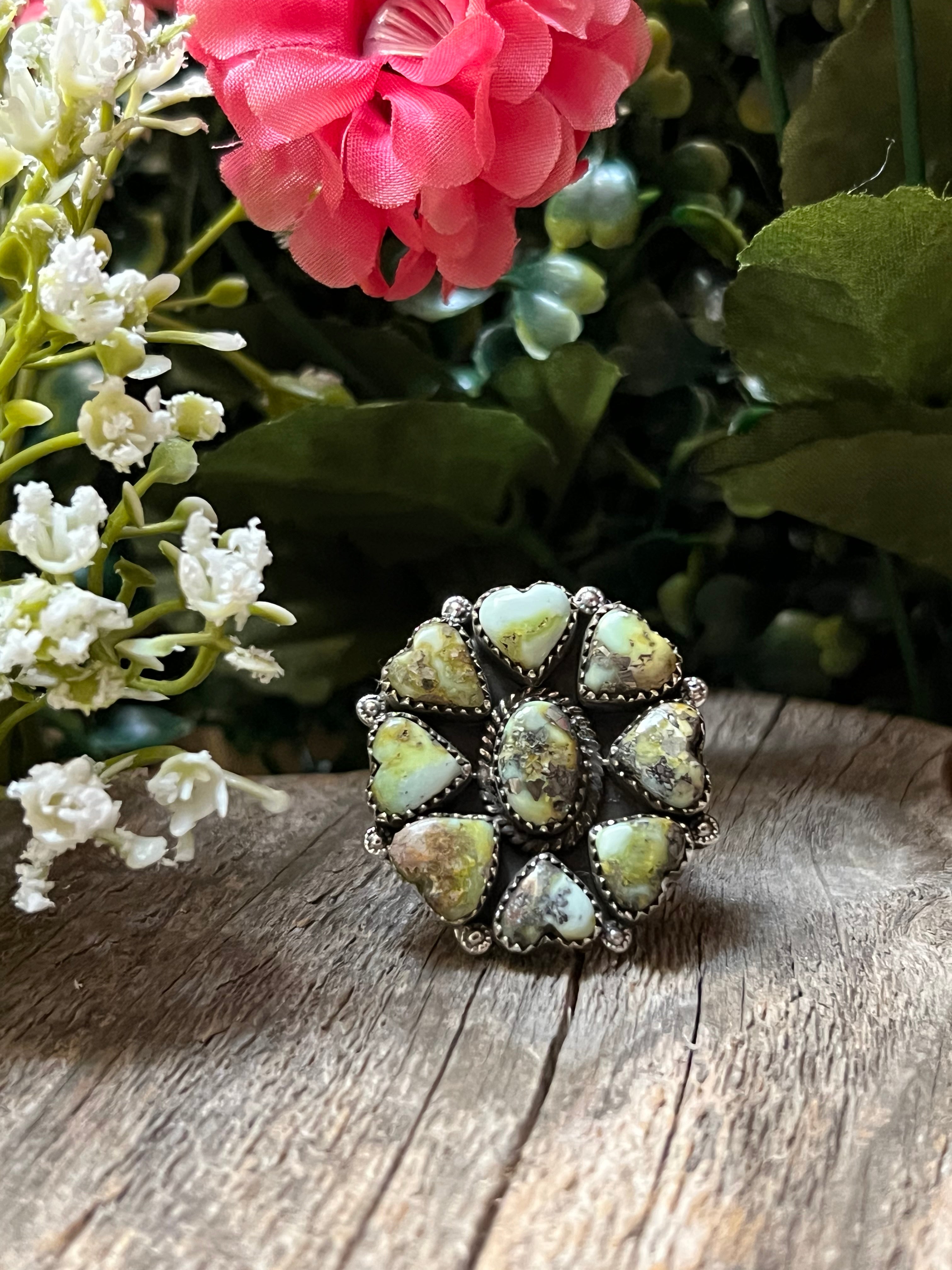Handmade Palomino Turquoise Heart Cluster Sterling Silver Adjustable Ring