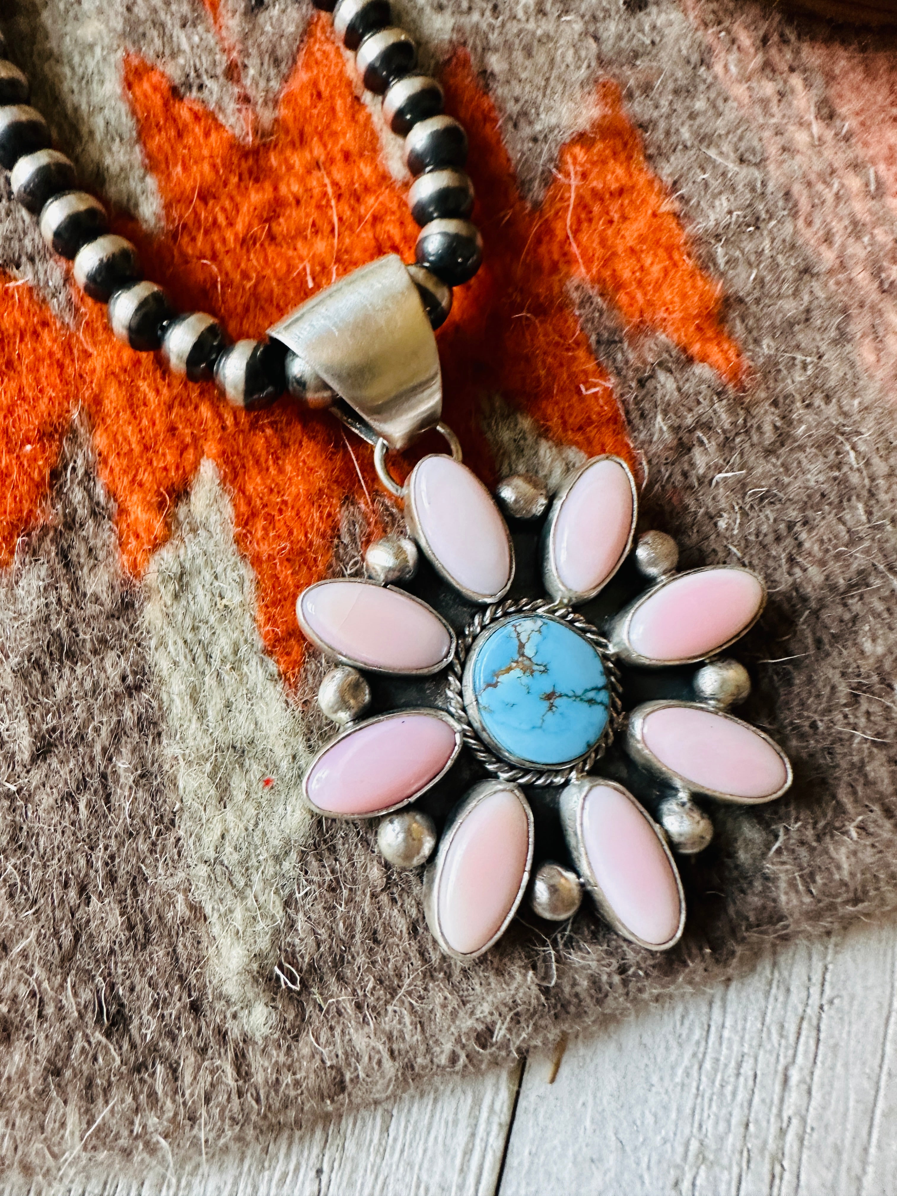 Navajo Queen Pink Conch, Turquoise & Sterling Silver Cluster Pendant