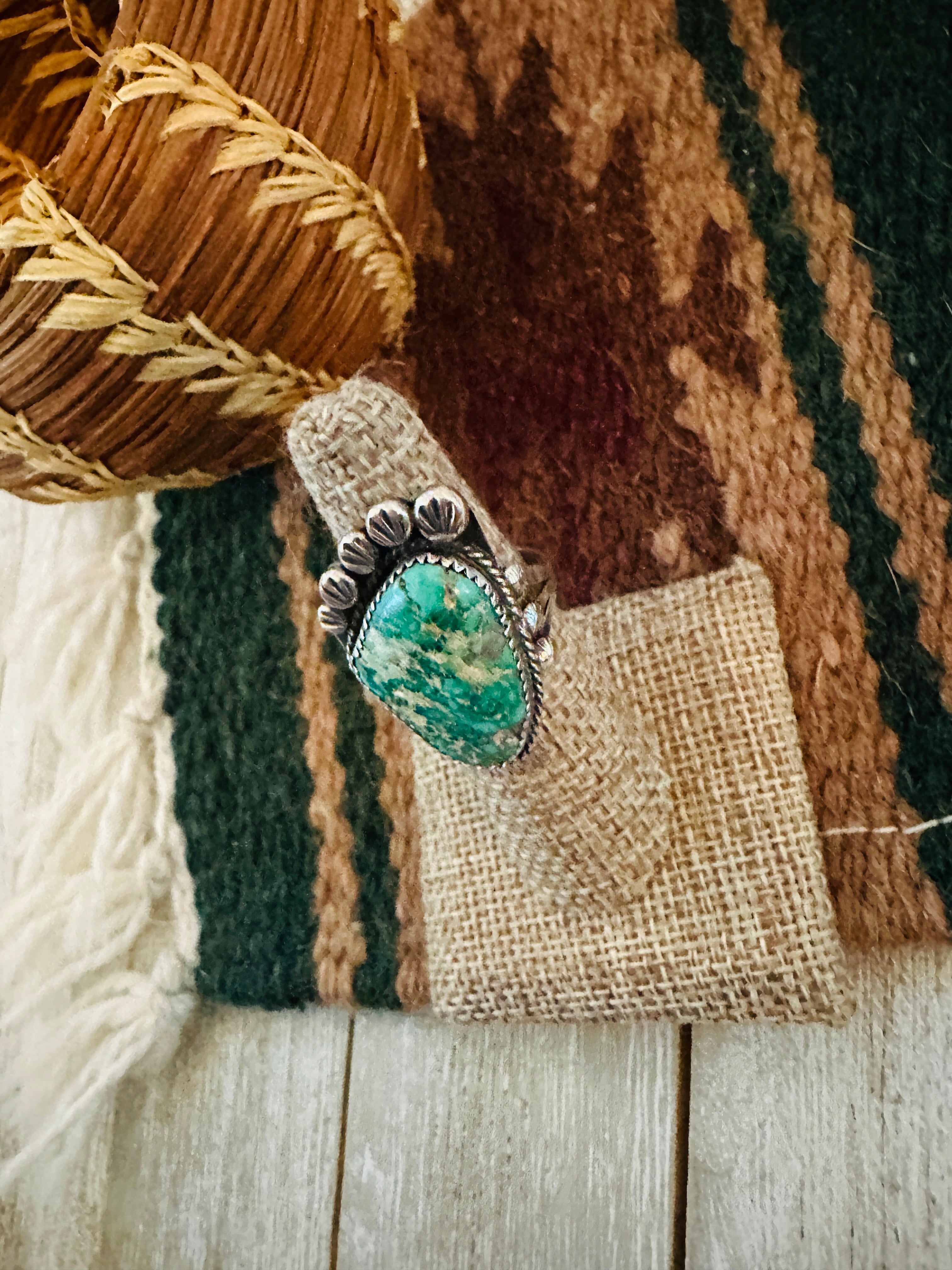 Old Pawn Handcrafted Turquoise & Sterling Silver Ring Size 7