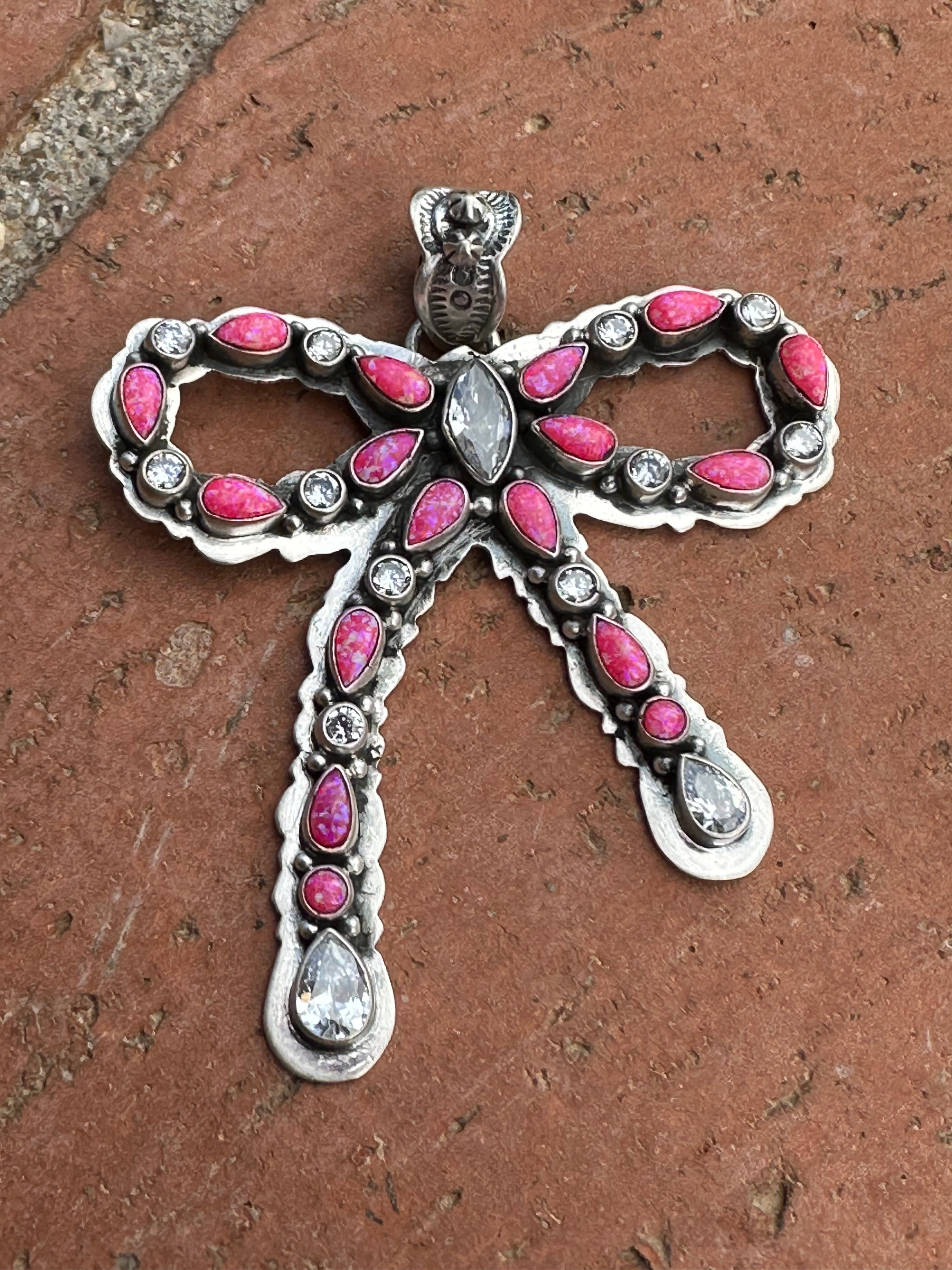 Handmade Sterling Silver and Hot Pink Opal Christmas Bow Pendant