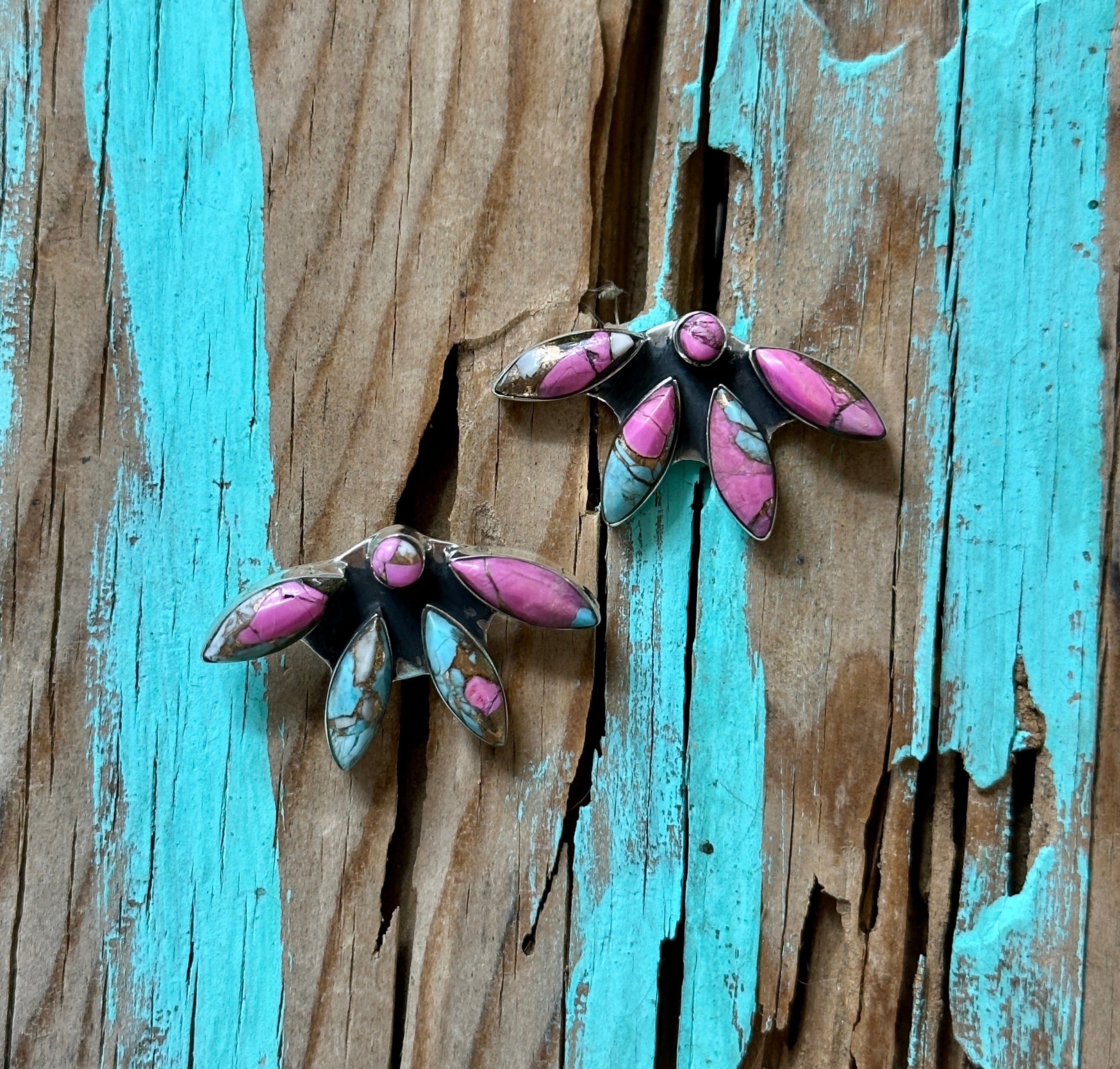 Cotton Candy and Sterling Silver Inlay Flower Earrings