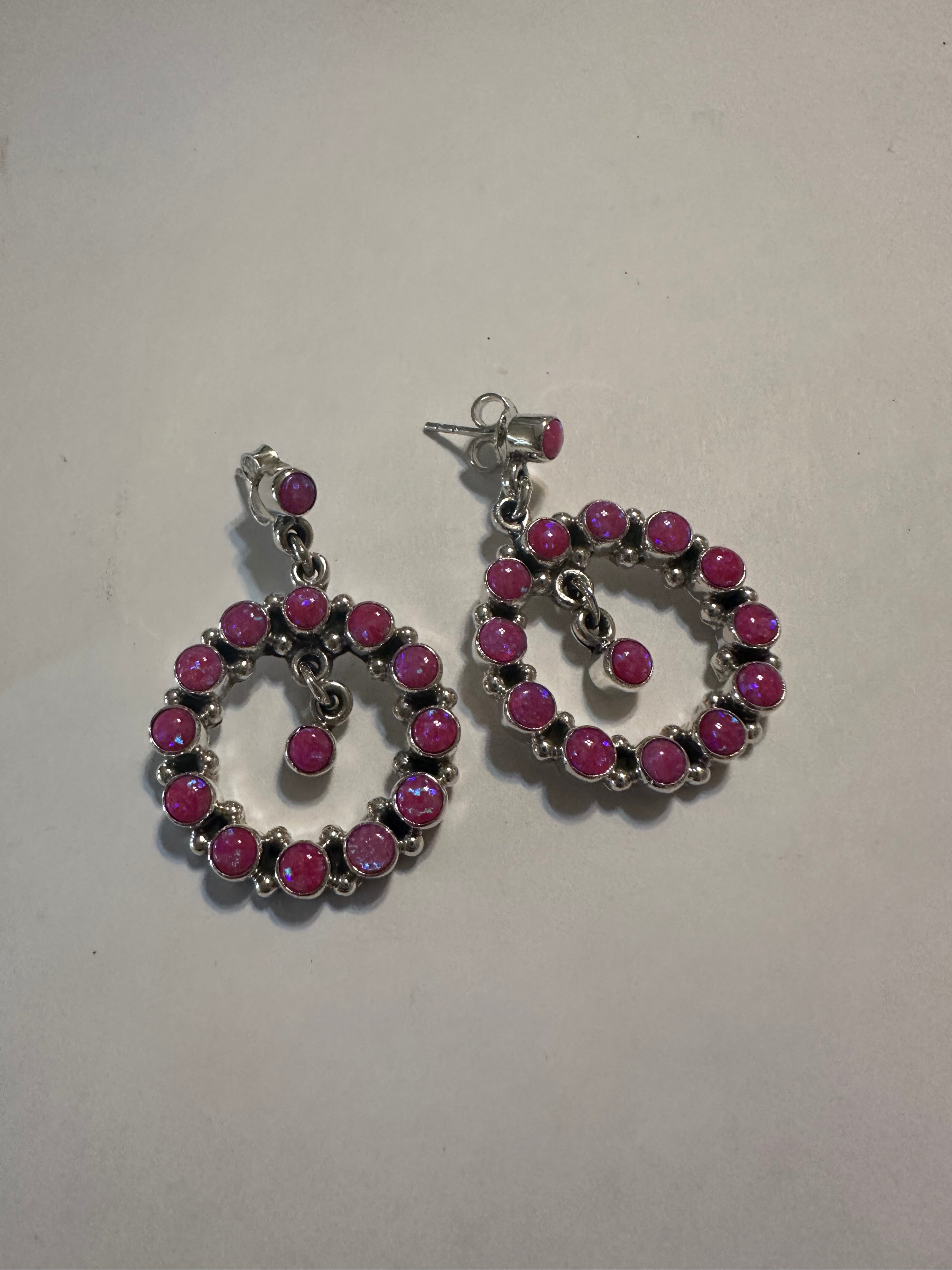 Handmade Hot Pink Fire Opal and Sterling Silver Dangle Earrings