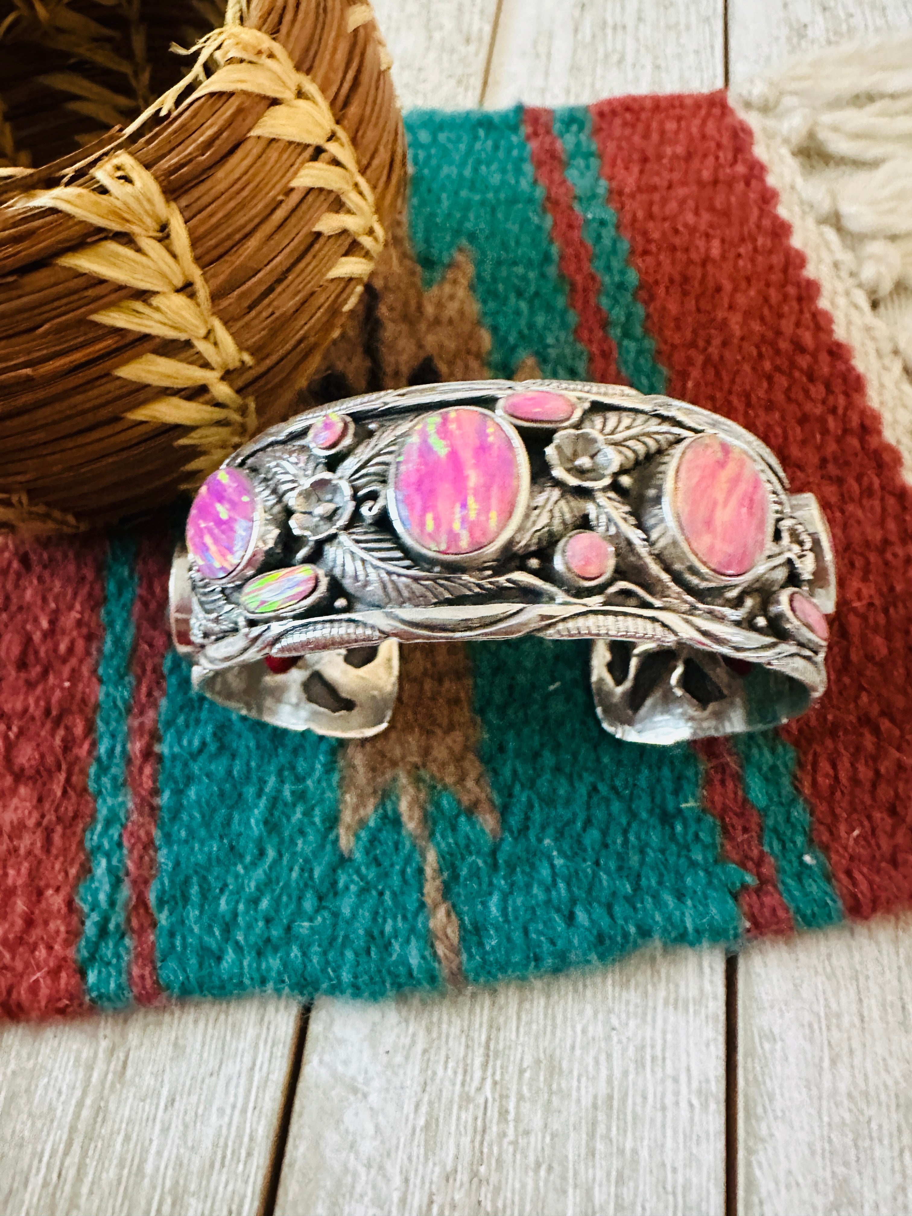 Handmade Sterling Silver Synthetic Opal Cuff Bracelet with Signed Nizhoni