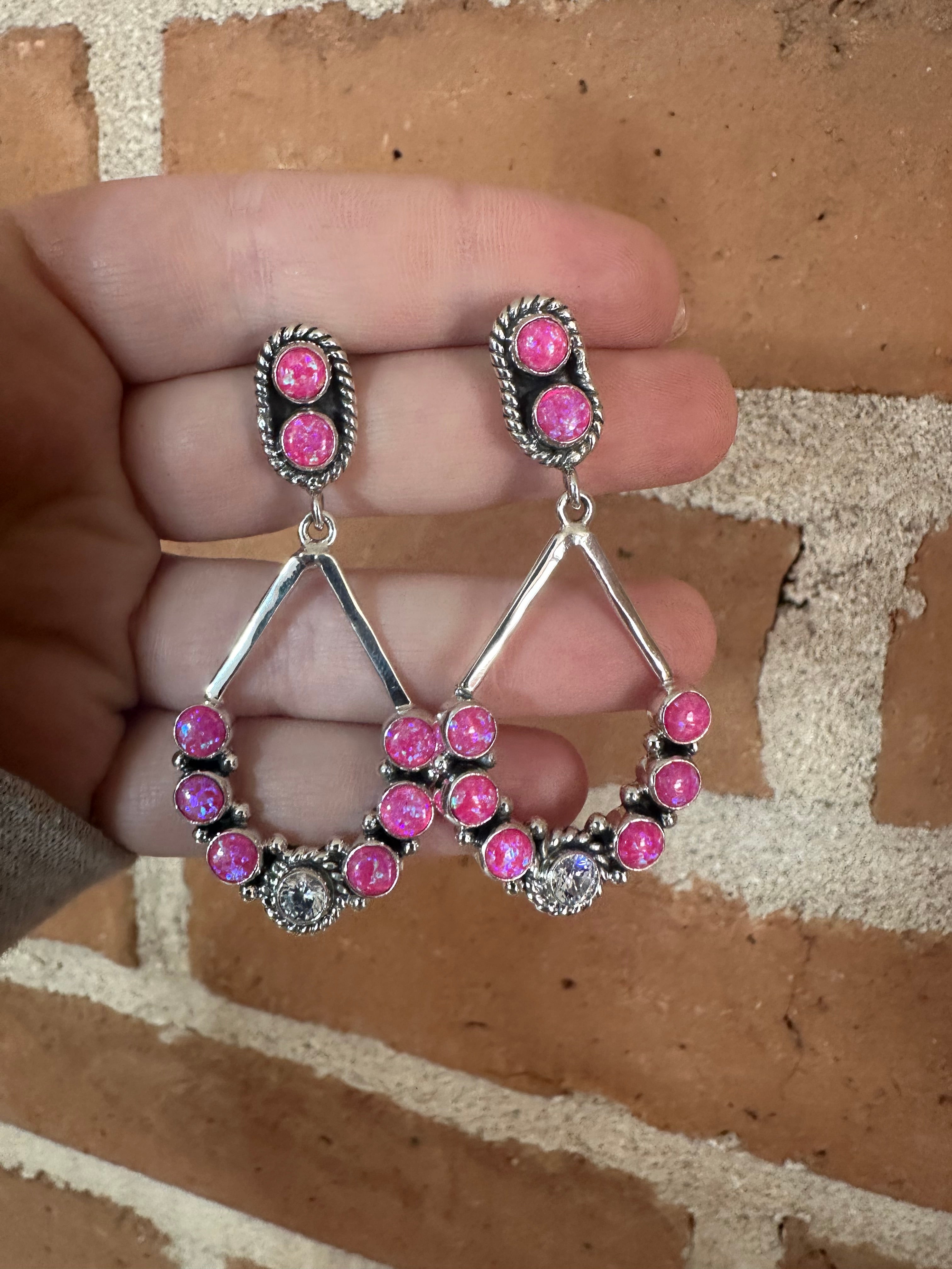 Handmade Hot Pink Fire Opal, CZ and Sterling Silver Handmade Dangles