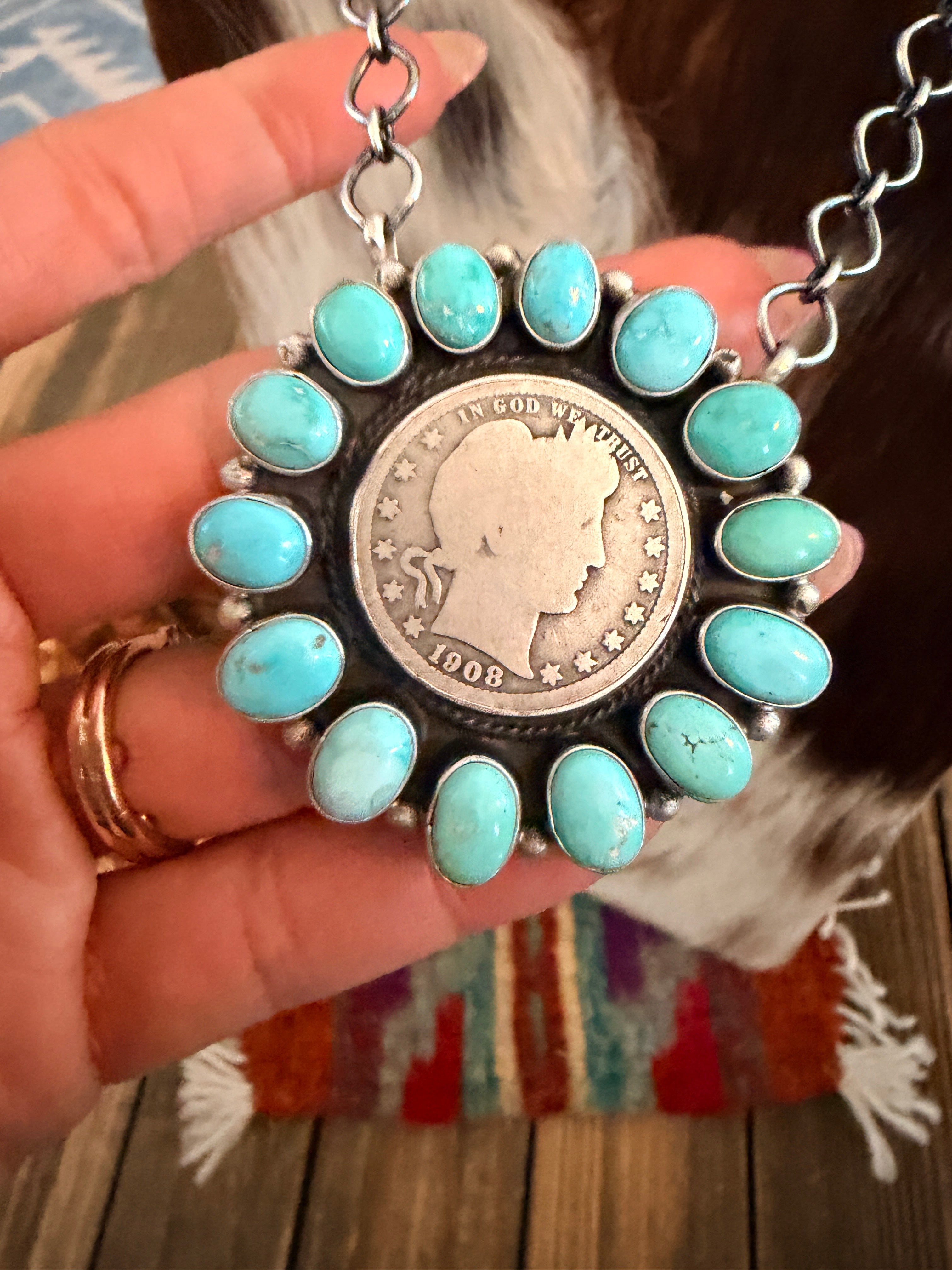 Handcrafted Turquoise & Sterling Silver Liberty Dime Necklace by Travis Jim