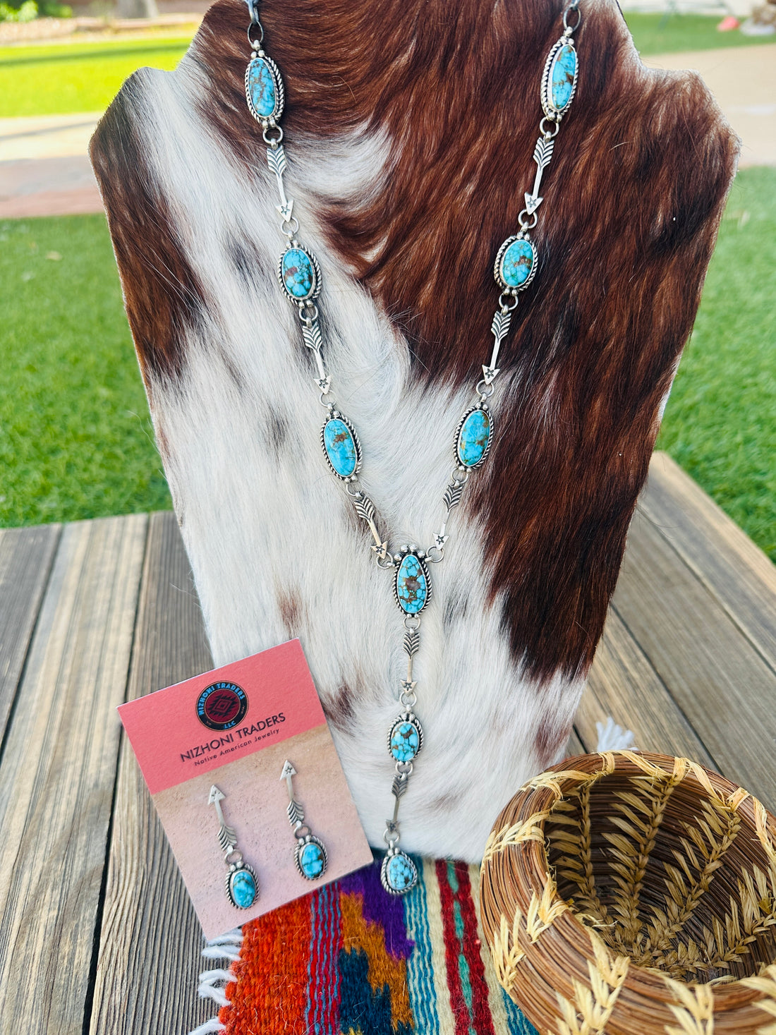 Handcrafted Turquoise & Sterling Silver Arrow Necklace and Earring Set by Fred Francis