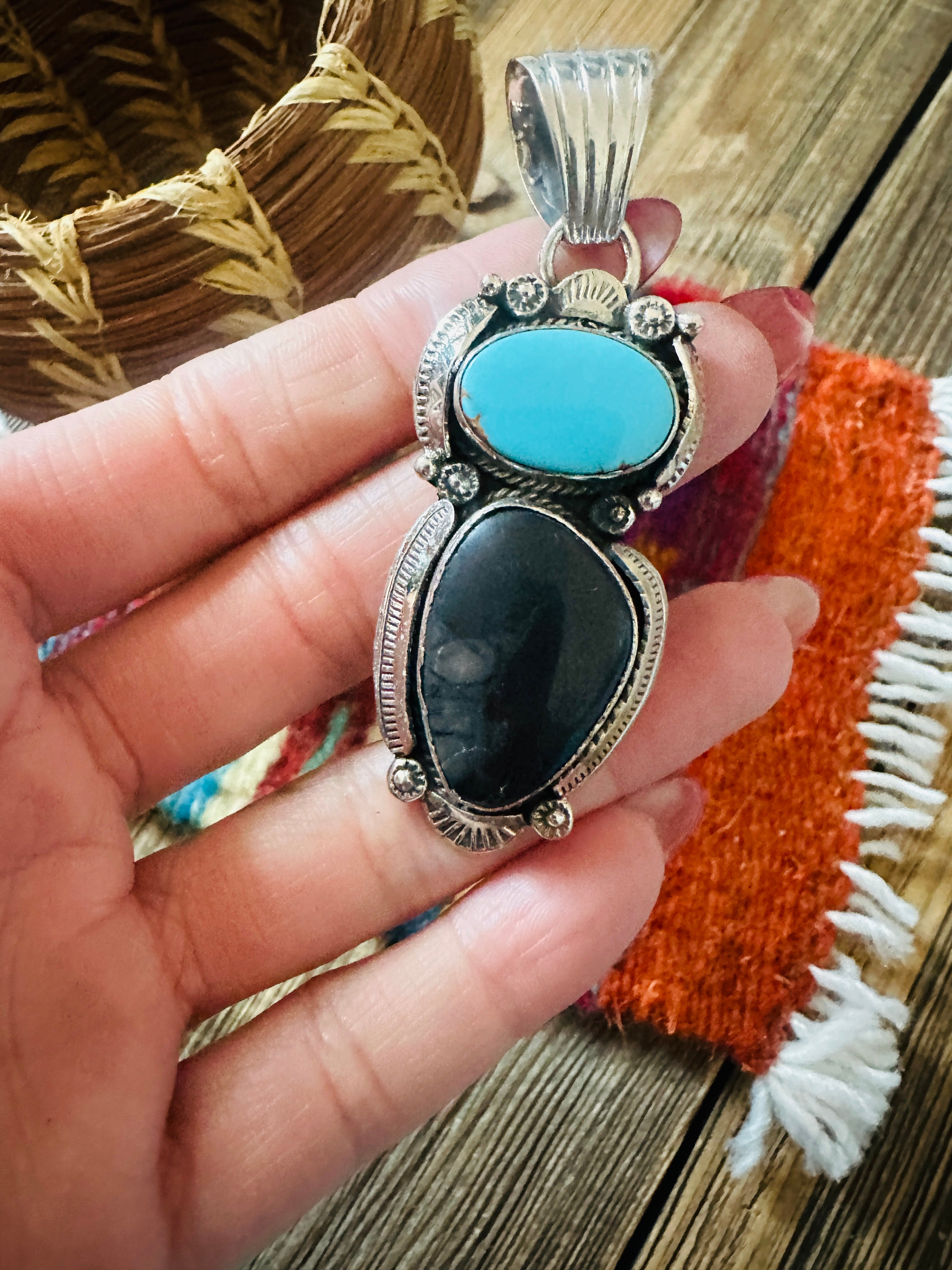 Handcrafted Sterling Silver, Onyx & Turquoise Pendant