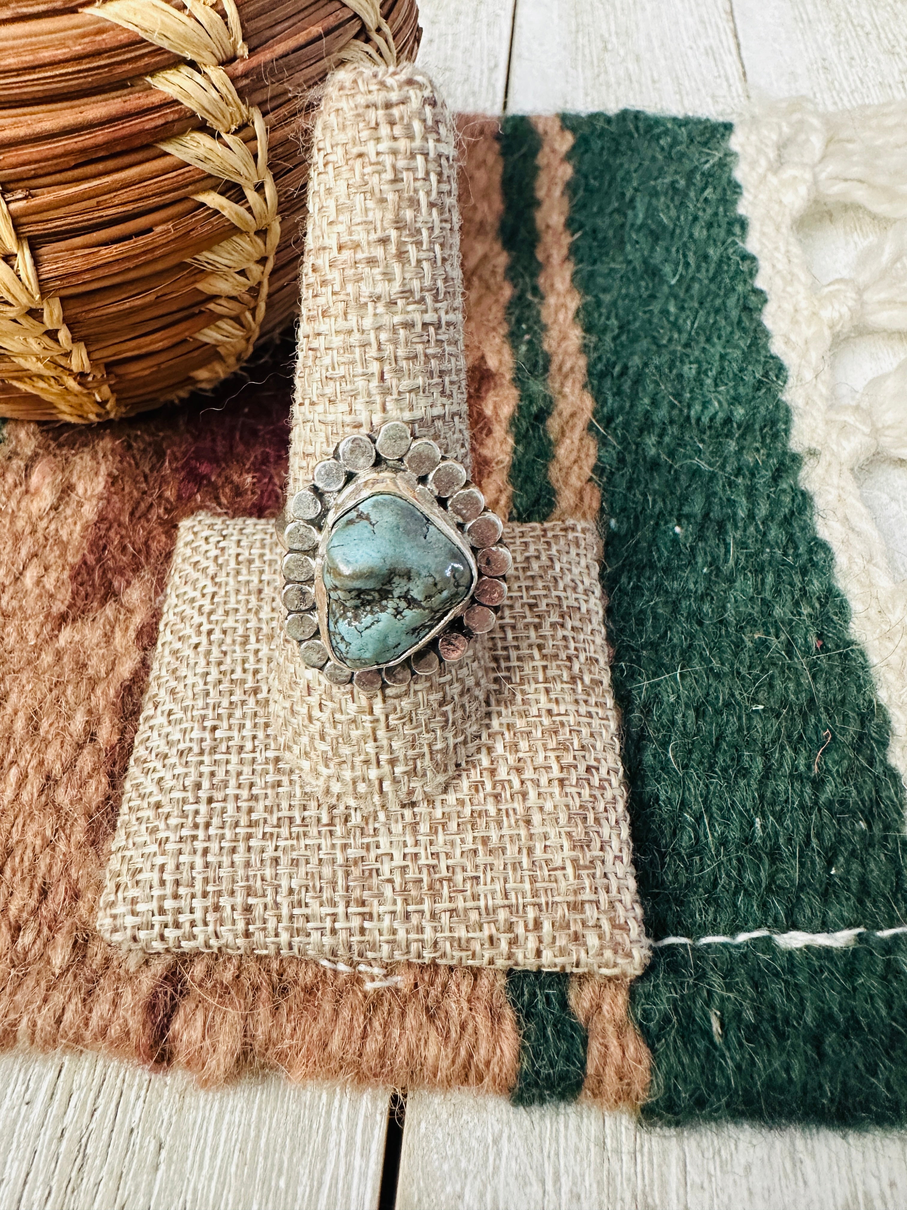 Old Pawn Handcrafted Turquoise & Sterling Silver Ring Size 9 by Gilbert Nez