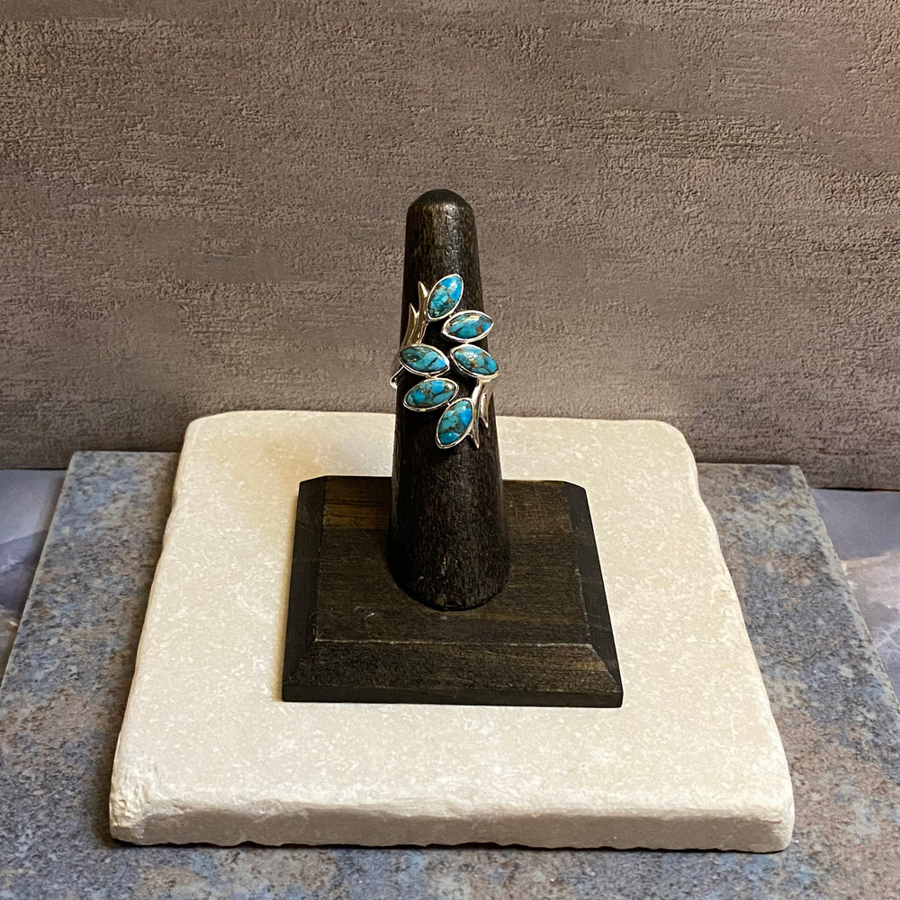 Sterling Silver Six Leaf Copper Turquoise Ring Size 5.5